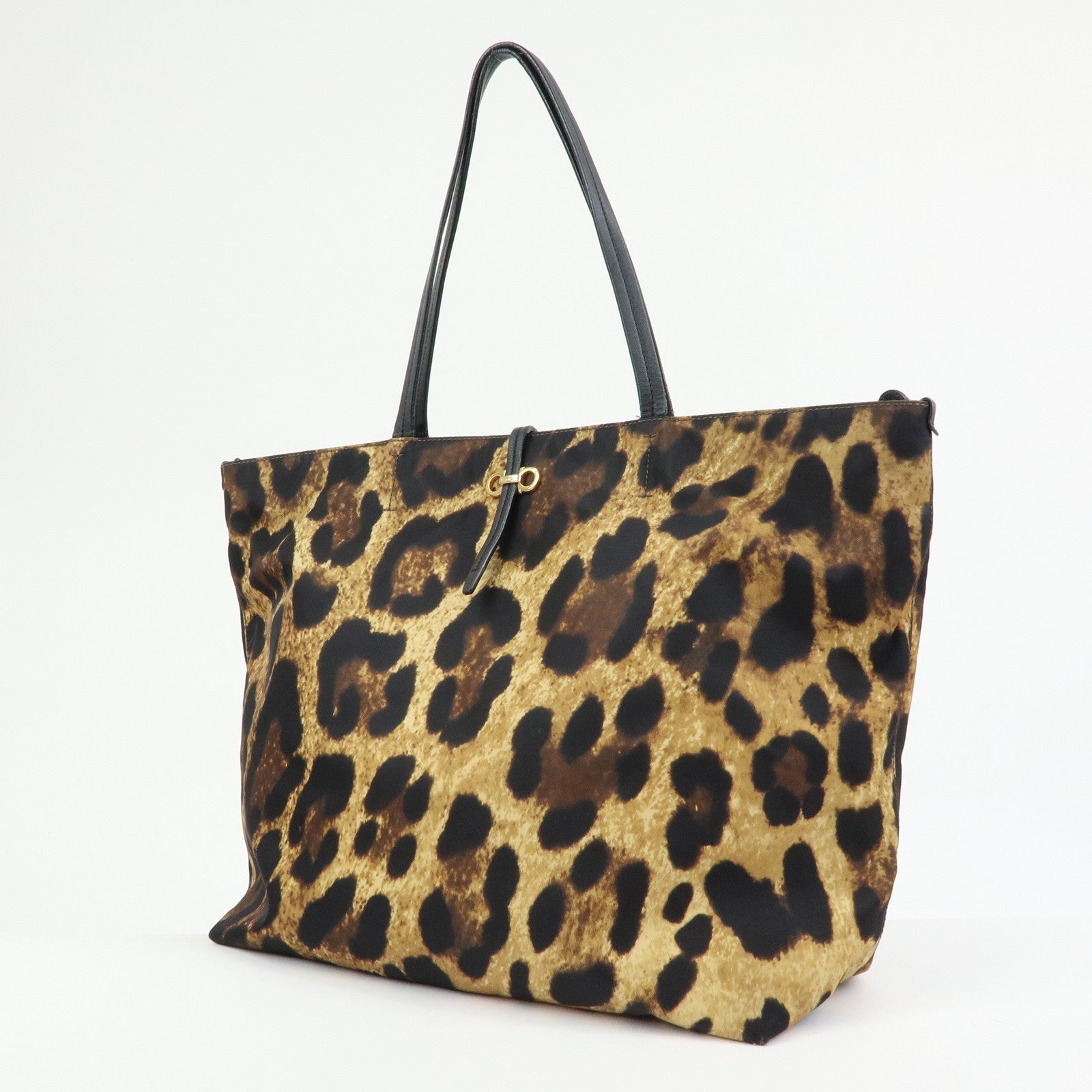 Ferragamo Gancini Nylon Leather Leopard Tote Bag Shoulder Bag Brown