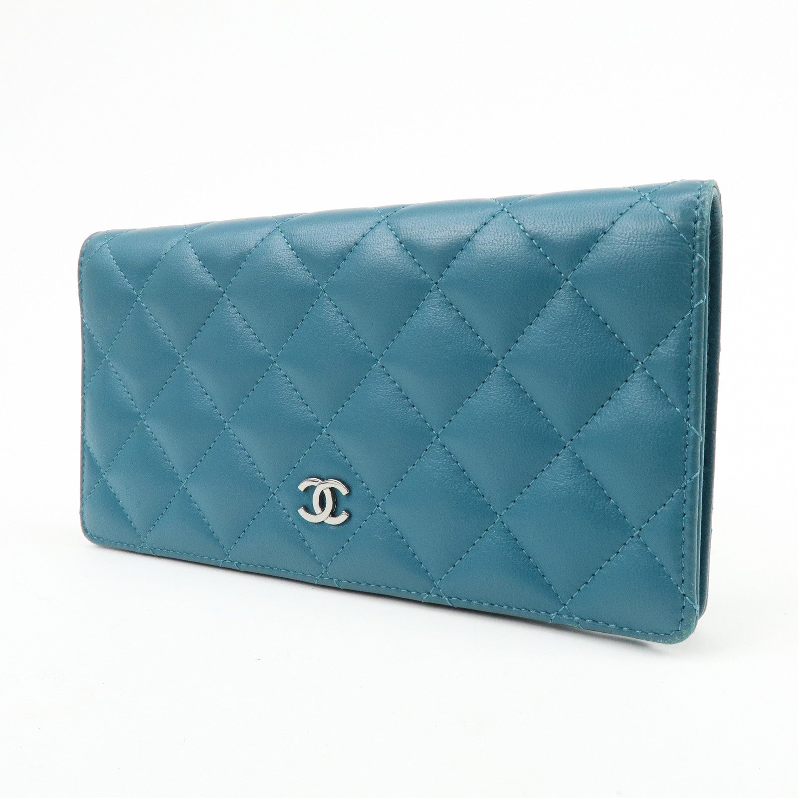 CHANEL COCO Mark Matelasse Lamb Skin Bi-fold Flap Long Wallet Blue