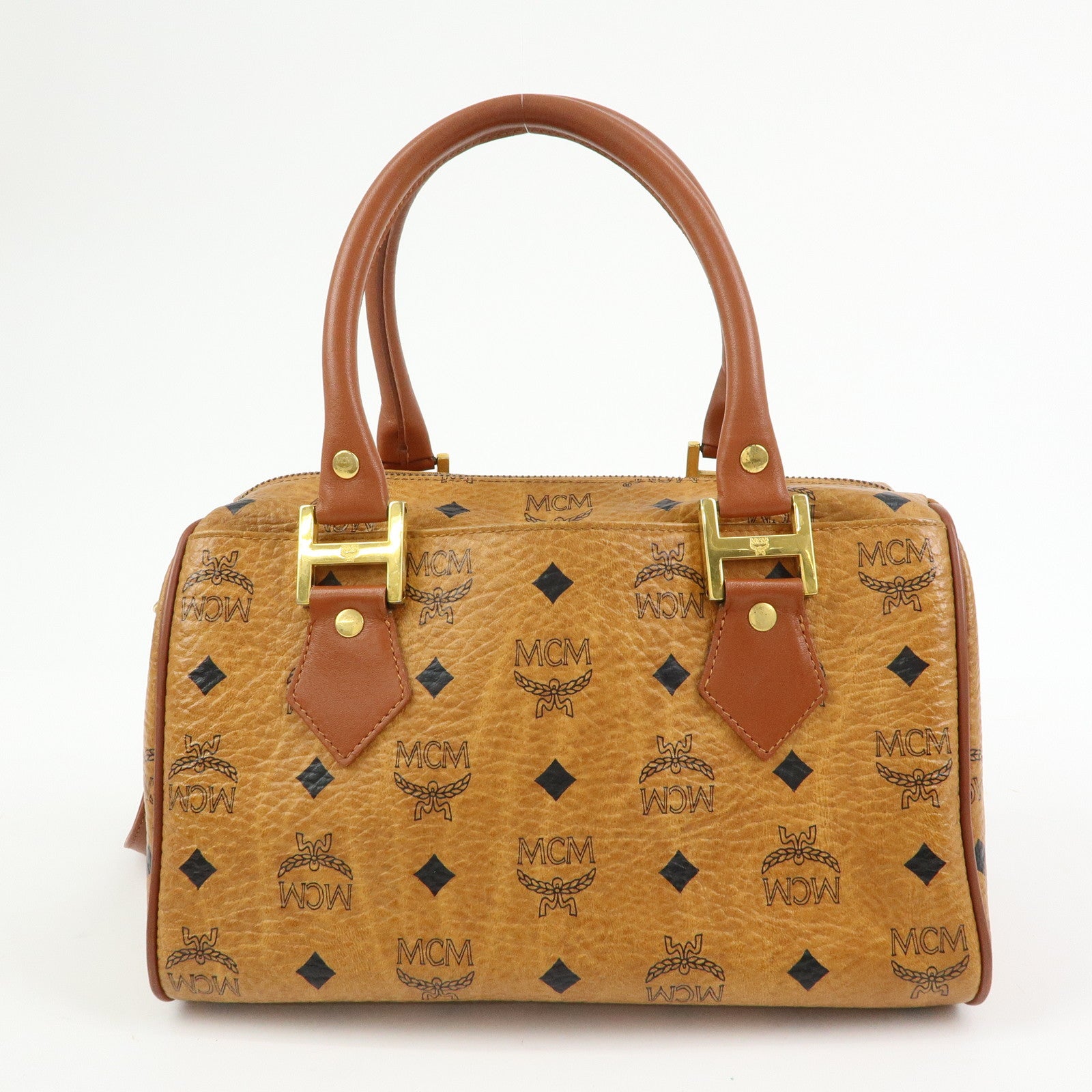 MCM Visetos PVC Leather 2Way Bag Hand Bag Boston Bag Brown
