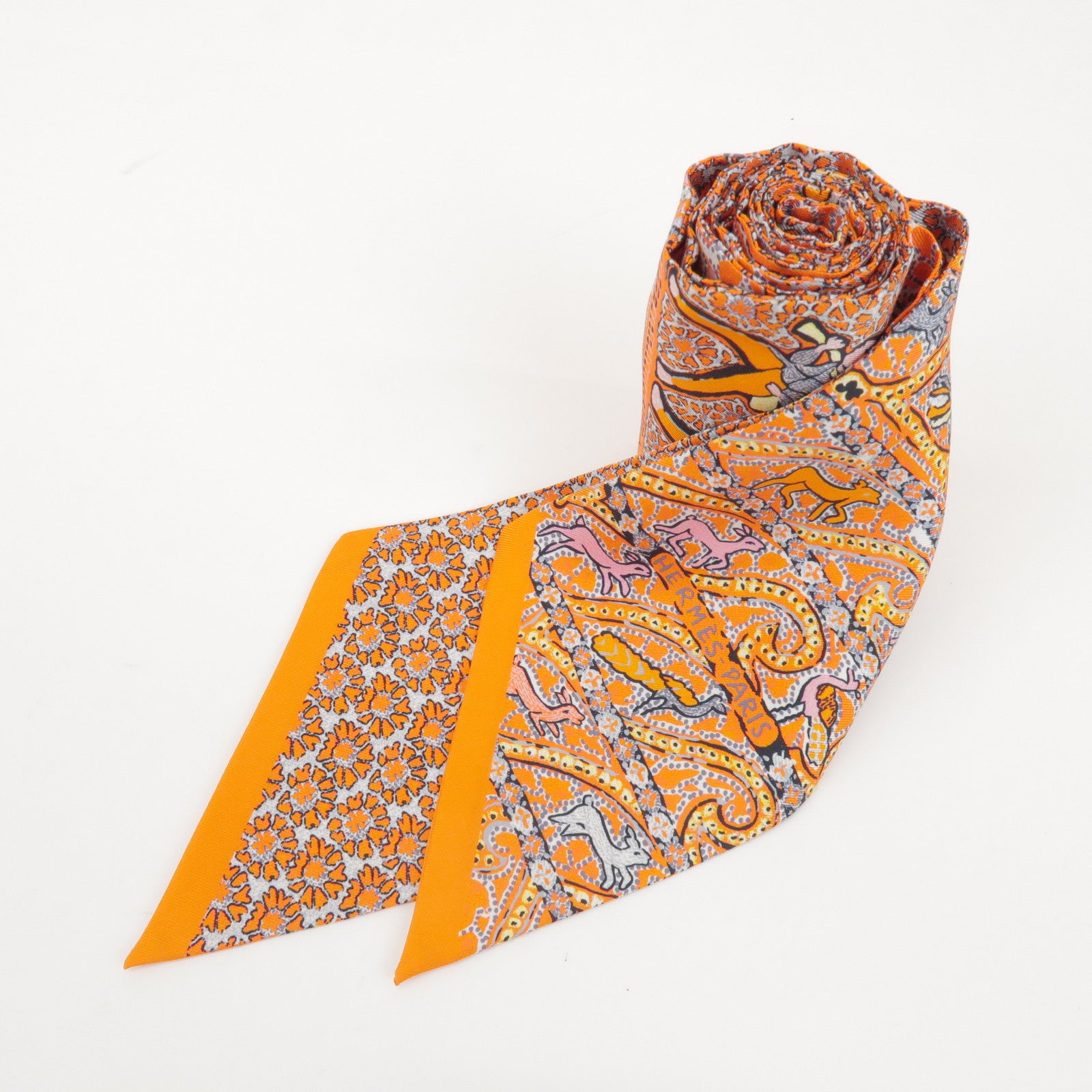 HERMES Maxi Twilly Silk 100% Scarf Animal Motif  Orange