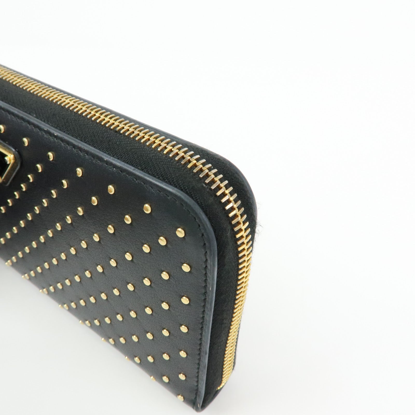 PRADA Triangle Logo Studs Leather Round Zippy Long Wallet Black