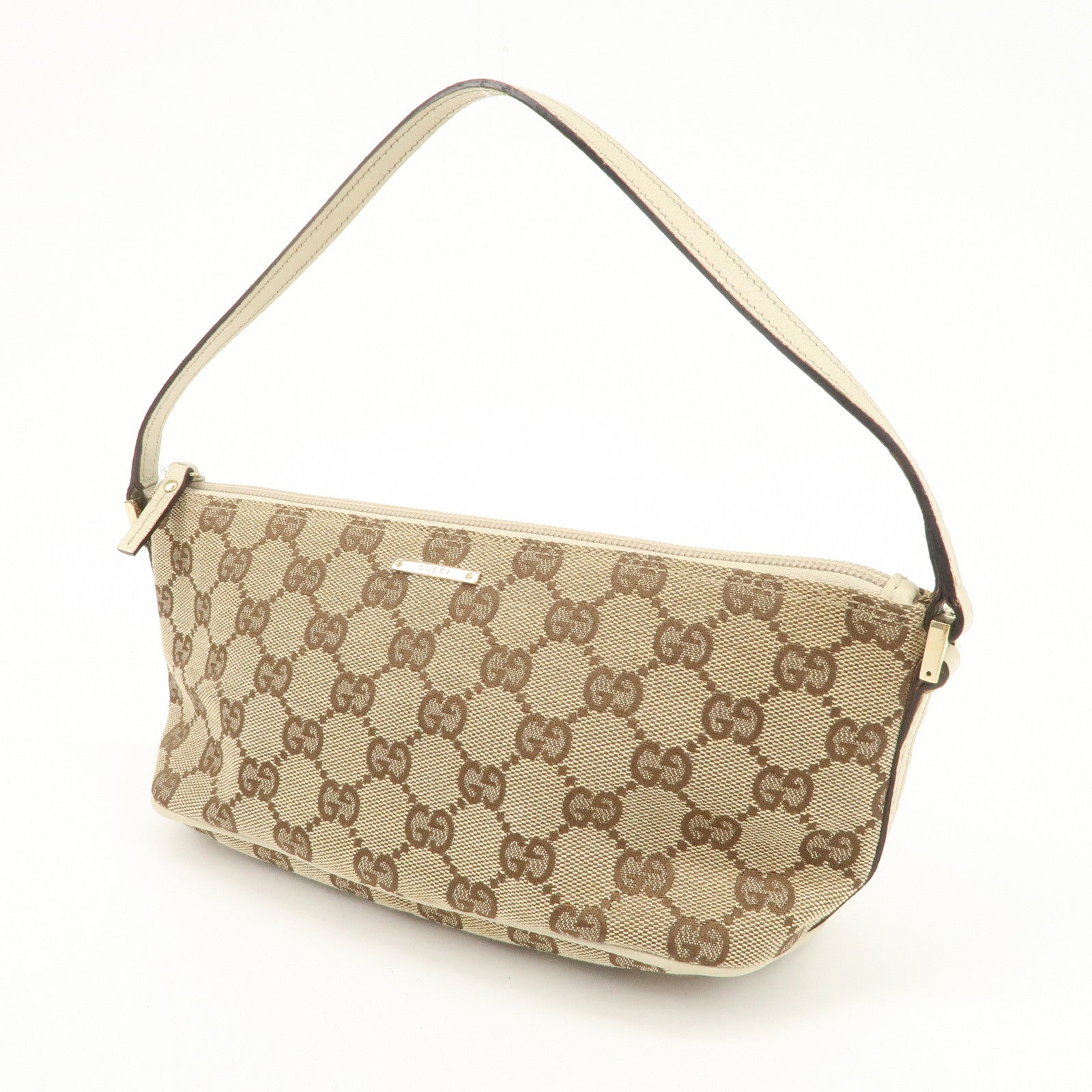 GUCCI Boat Bag GG Canvas Leather Bag Hand Bag Pouch Beige Ivory 07198 Used