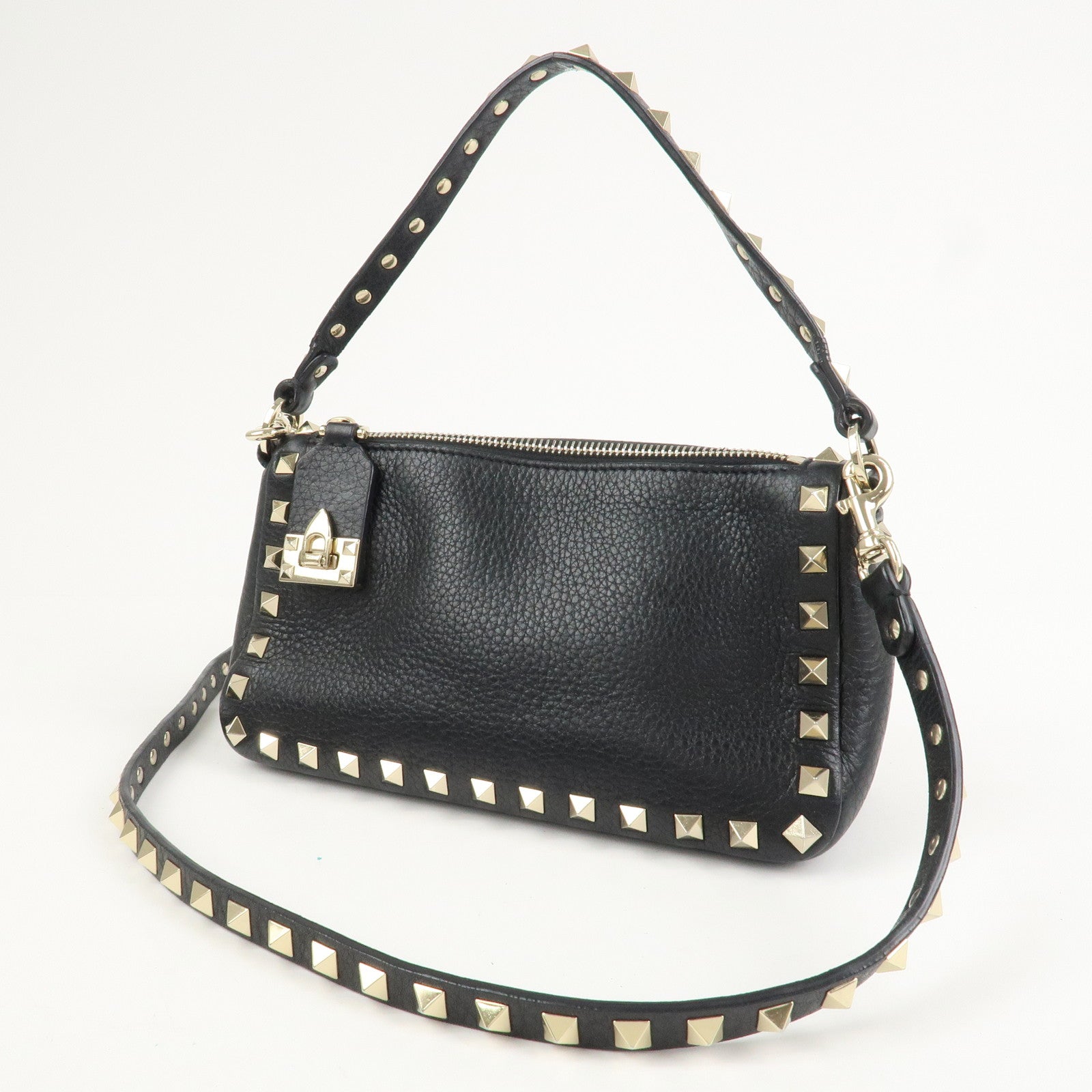 VALENTINO Rock Studs Grained Calf Leather 2Way Shoulder Bag Black
