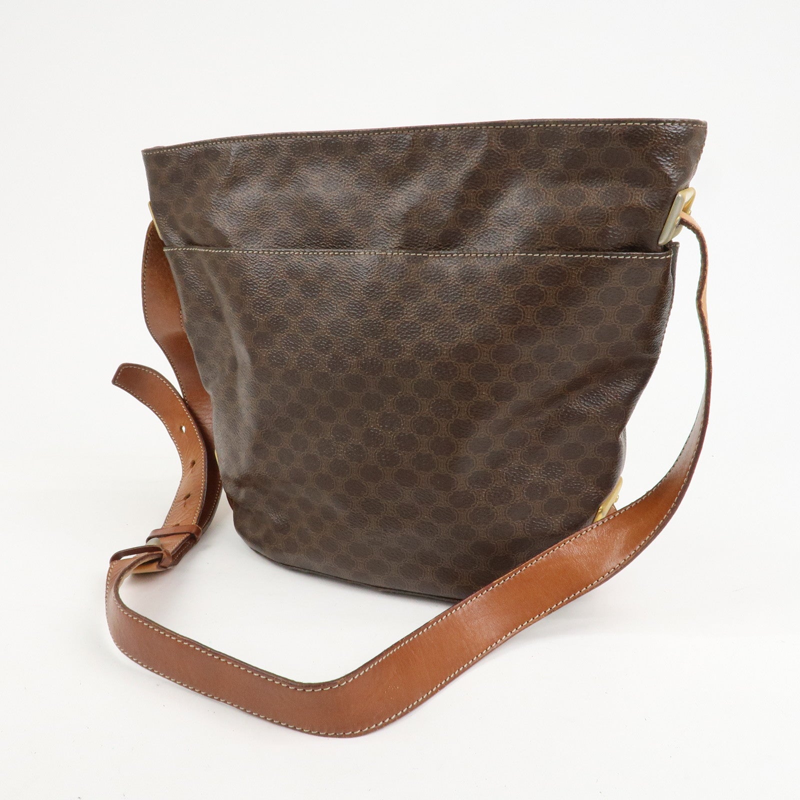 CELINE Macadam PVC Canvas Leather Shoulder Bag Brown Gold Hardware