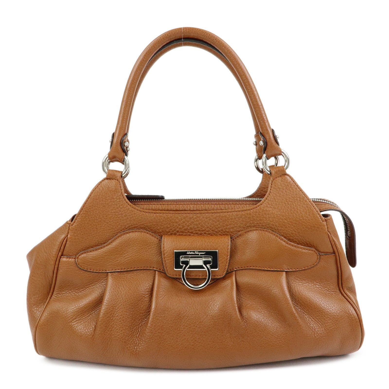 Ferragamo Gancini Leather Pleated Shoulder Bag Hand Bag Brown