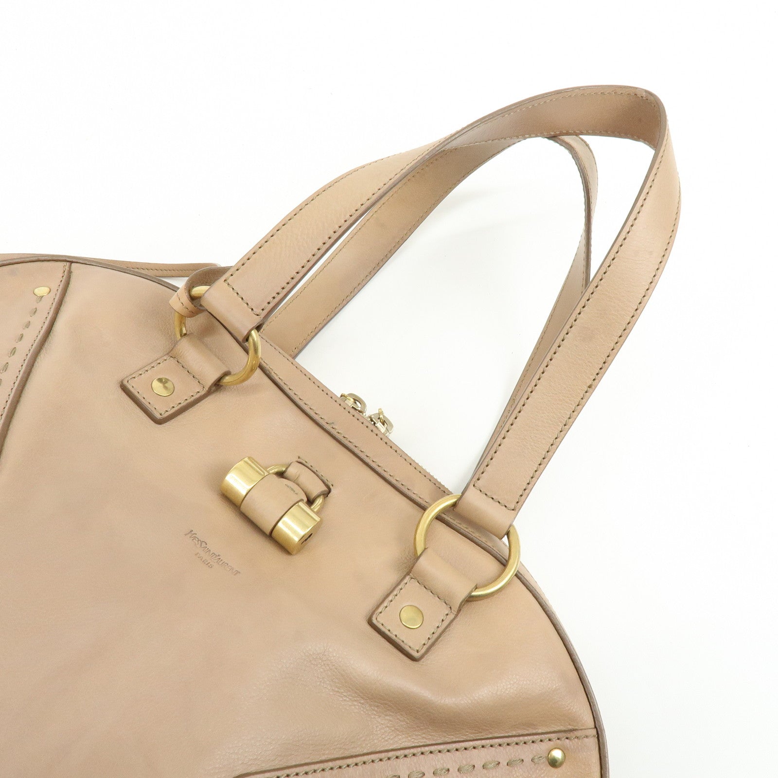 SAINT LAURENT PARIS Muse Leather Hand Bag Tote Bag Beige