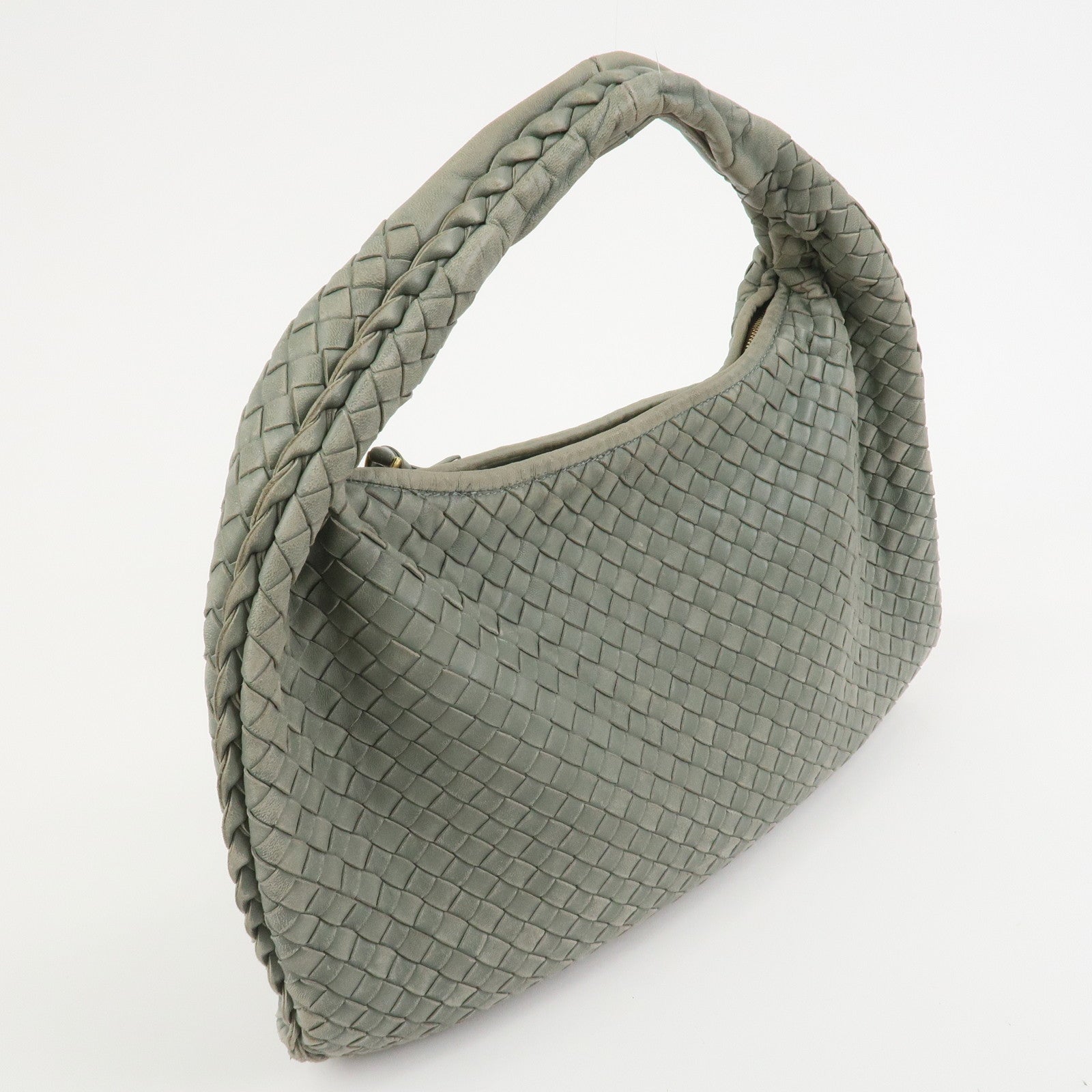 BOTTEGA VENETA  Hobo Intrecciato Leather Shoulder Bag Hand Bag Grey