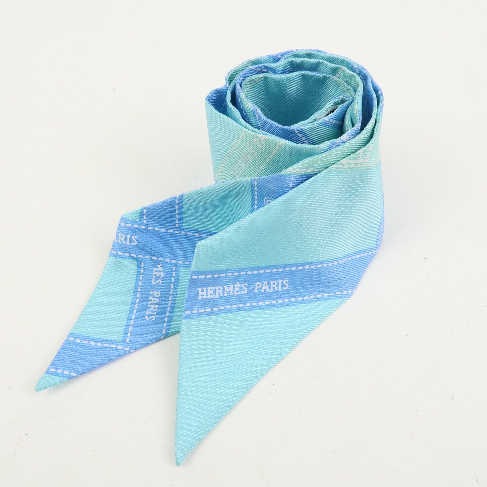 HERMES Twilly Silk 100% Scarf Bolduc Pattern Light Blue