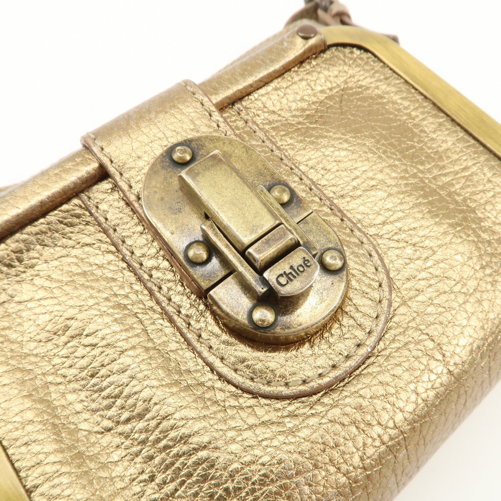 Chloe Logo Leather Shoulder Bag Hand Bag Gold Used