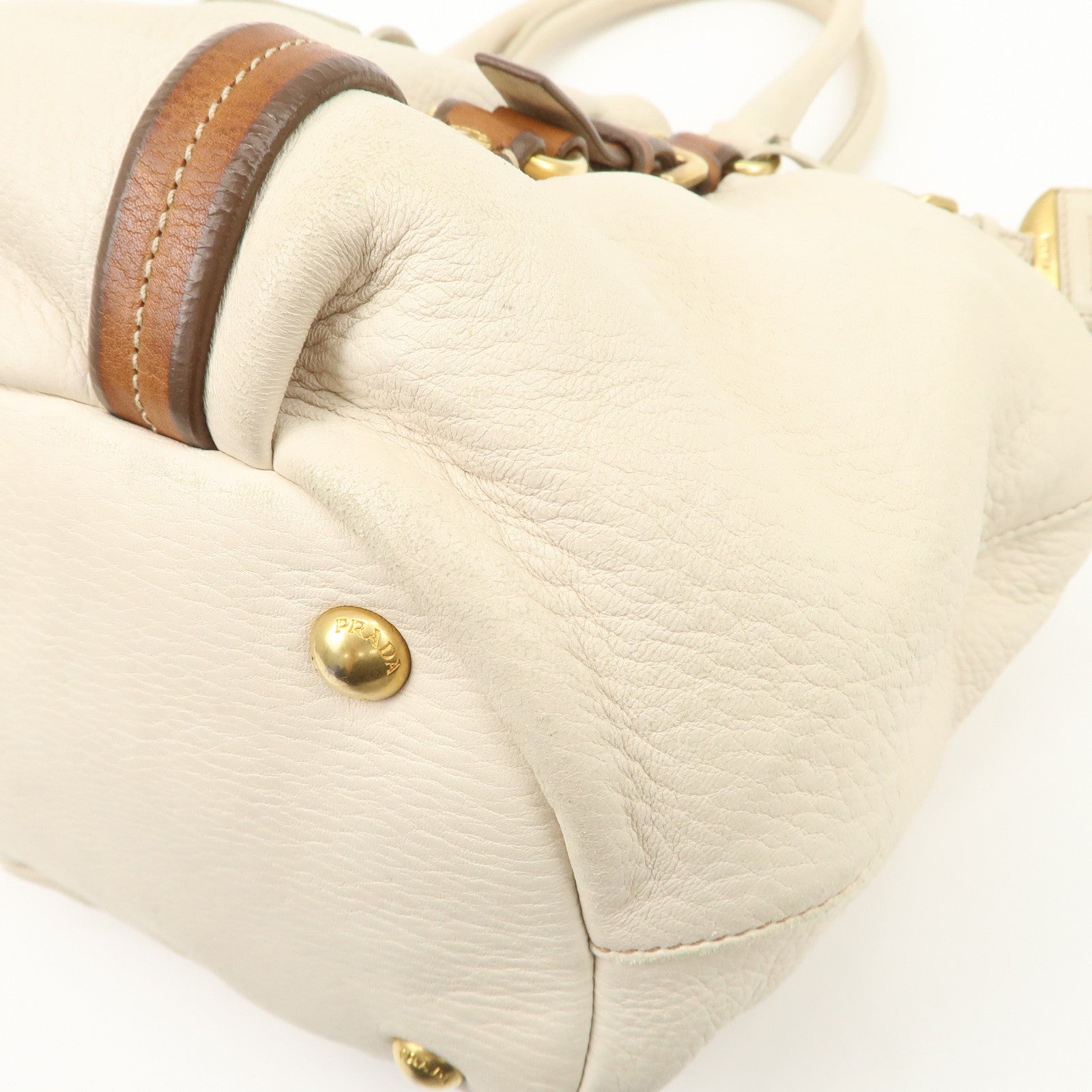 PRADA Leather 2Way Bag Tote Bag Brown White BN1773 Used