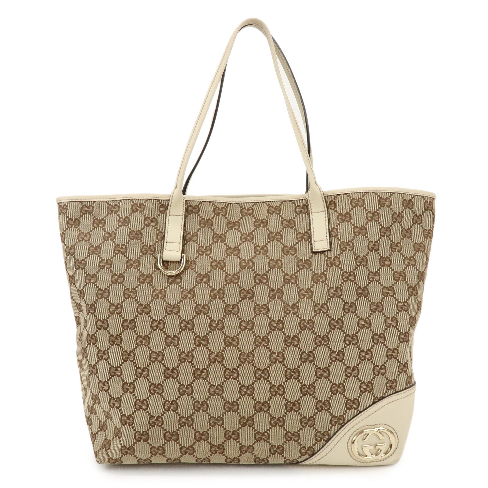 GUCCI New Britt GG Canvas Leather Tote Bag Beige White 169945