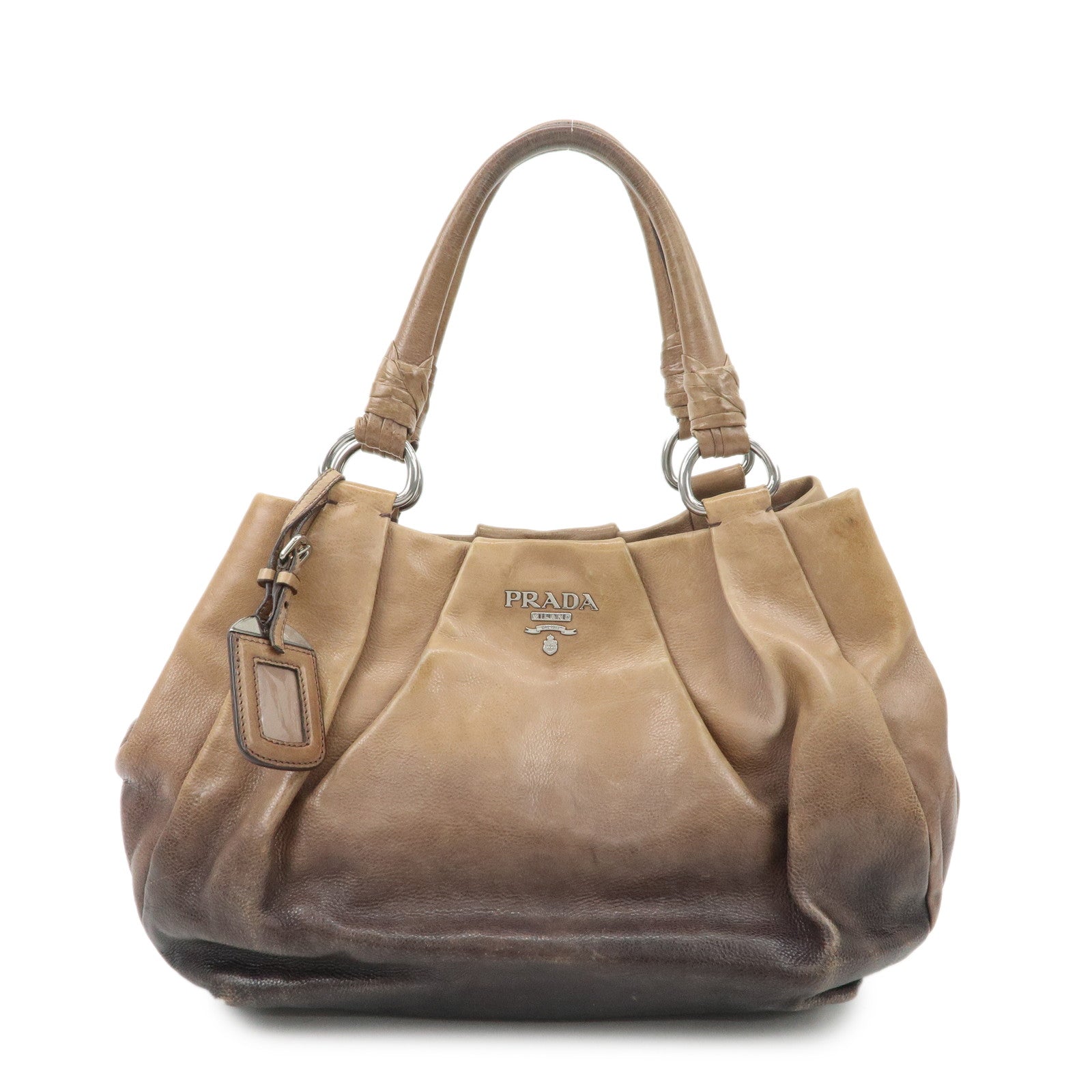 PRADA Logo Leather Tote Bag Shoulder Bag Silver HDW Black Beige