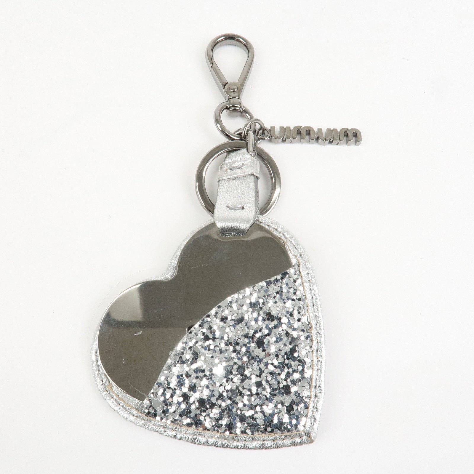 MIU MIU Heart Motif Glitter Leather Key Chain Bag Charm Silver