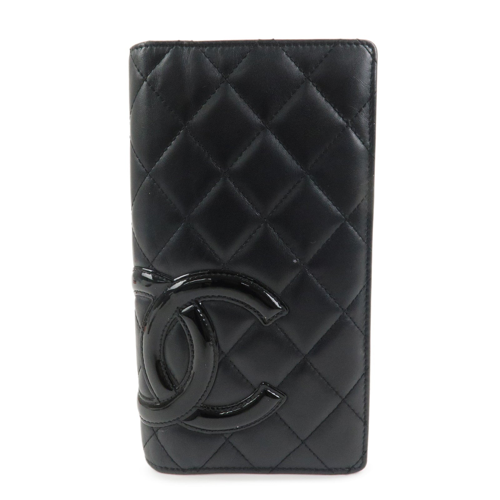 CHANEL Cambon Line Lamb Skin Bi-fold Long Wallet Black A26717