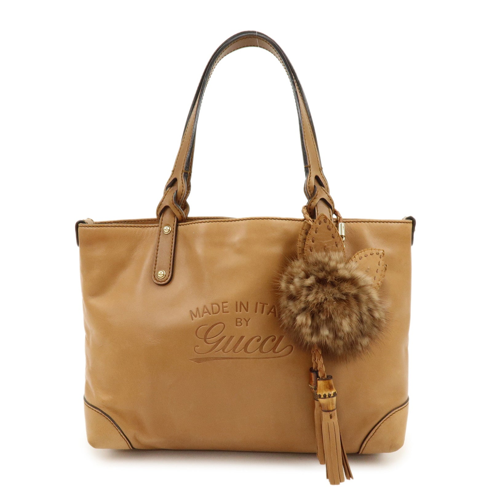 GUCCI Script Logo Leather Fur Tote Bag Fur Pouch Brown 269878