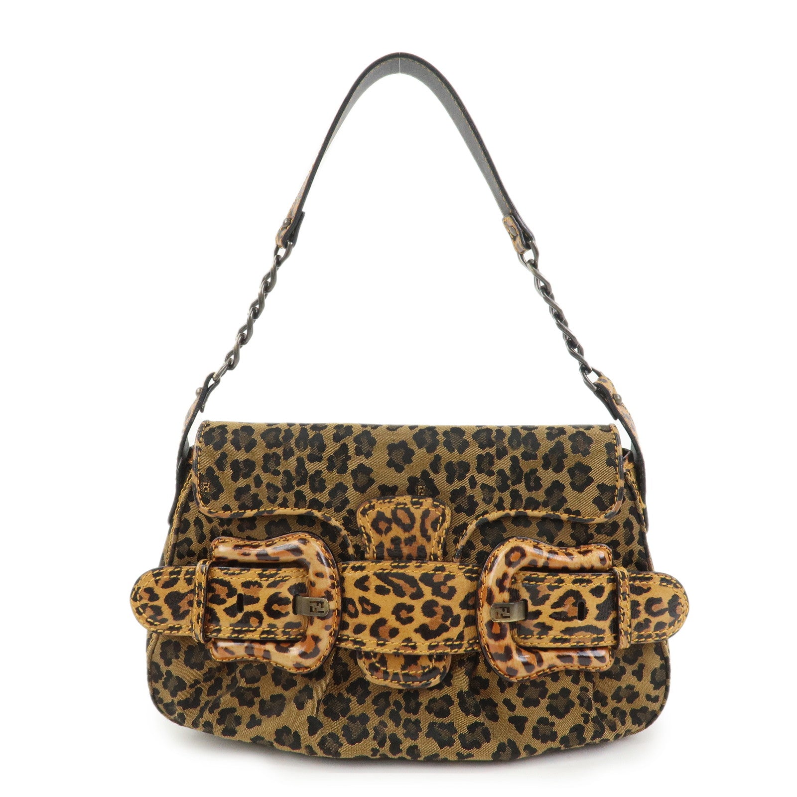 FENDI Canvas Leather Shoulder Bag Hand Bag Leopard Brown 8BR551