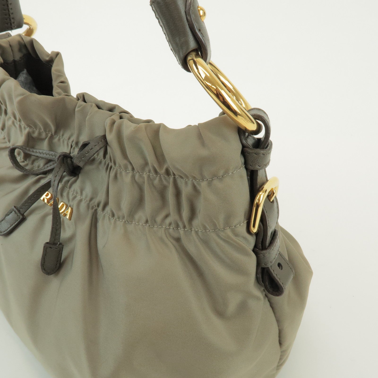 PRADA Gathered Ribbon Nylon Shoulder Bag Hand Bag Khaki BR4237