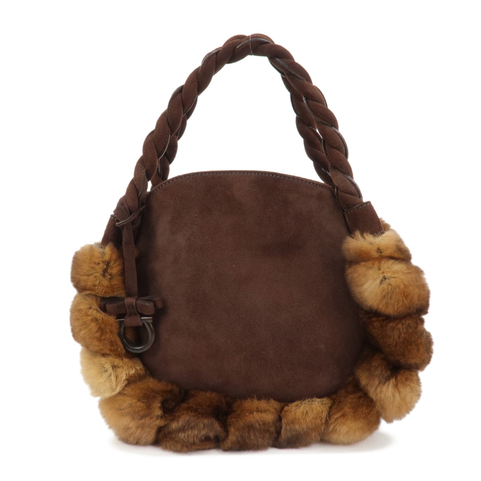 Ferragamo Gancini Suede Fur Hand Bag Brown BW-21 B372