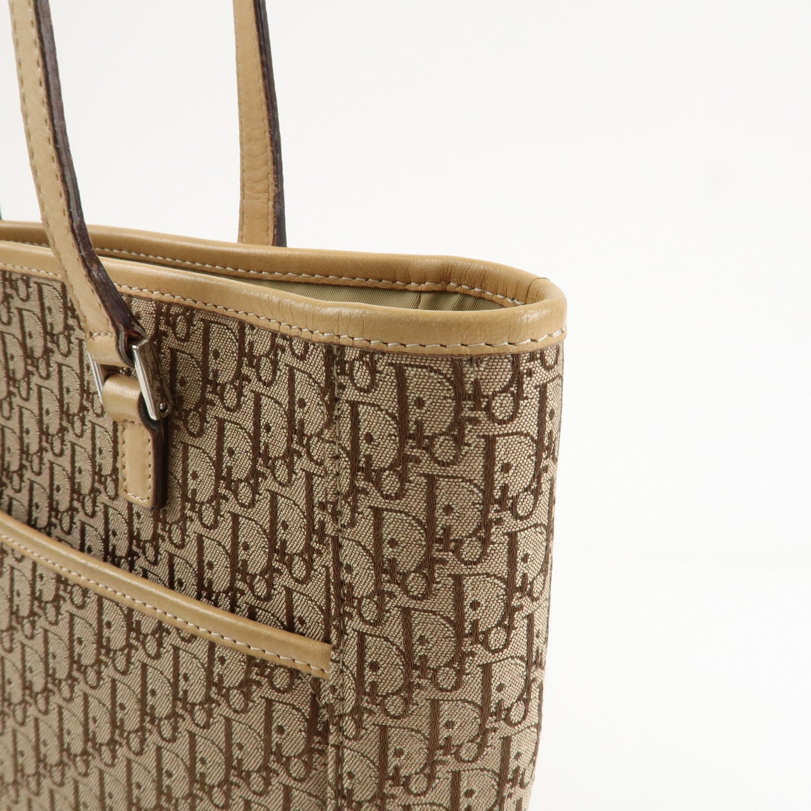 Christian Dior Trotter Leather Canvas Tote Bag Shoulder Bag Beige