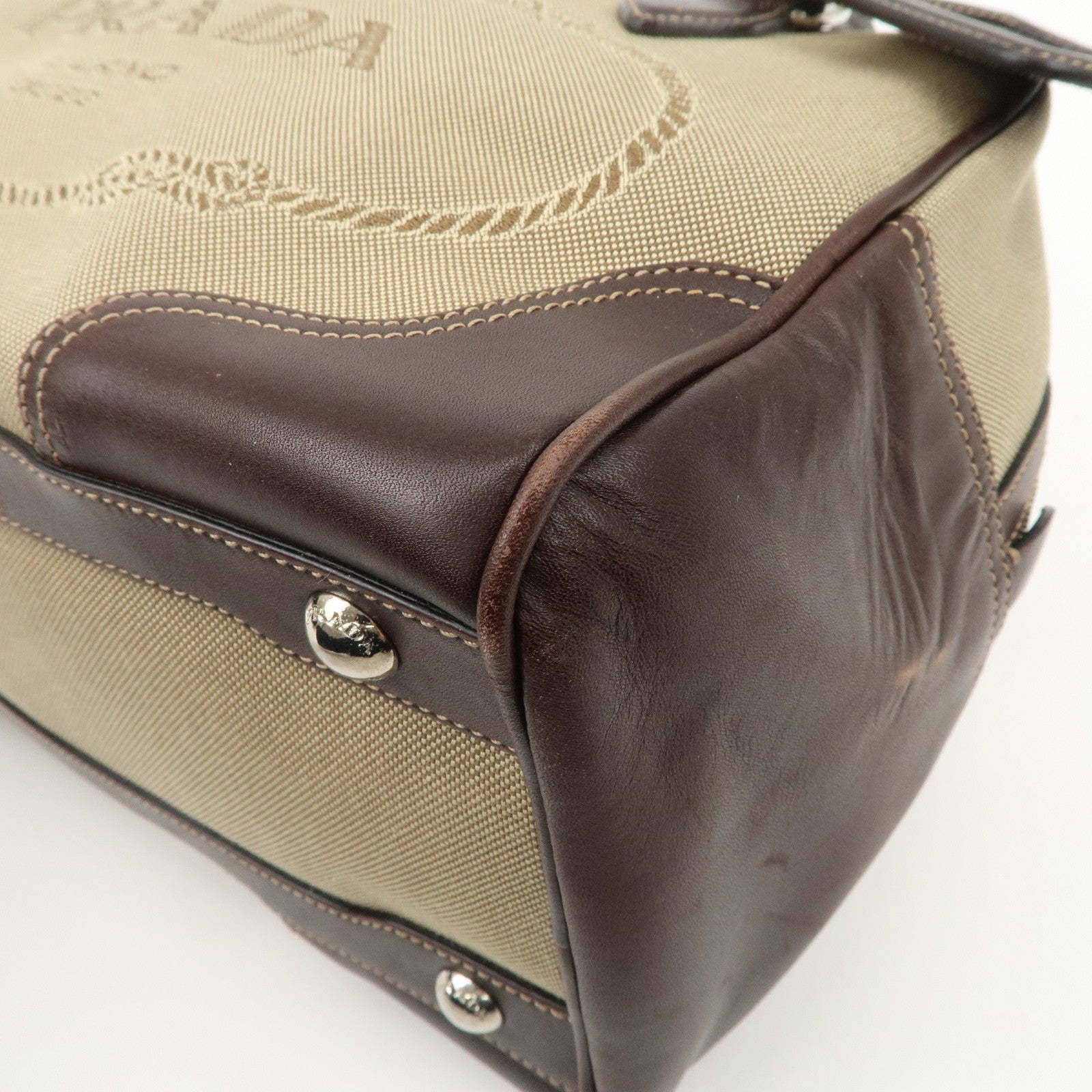 PRADA Logo Jacquard Leather Boston Bag Shoulder Bag Beige BL0260 Used