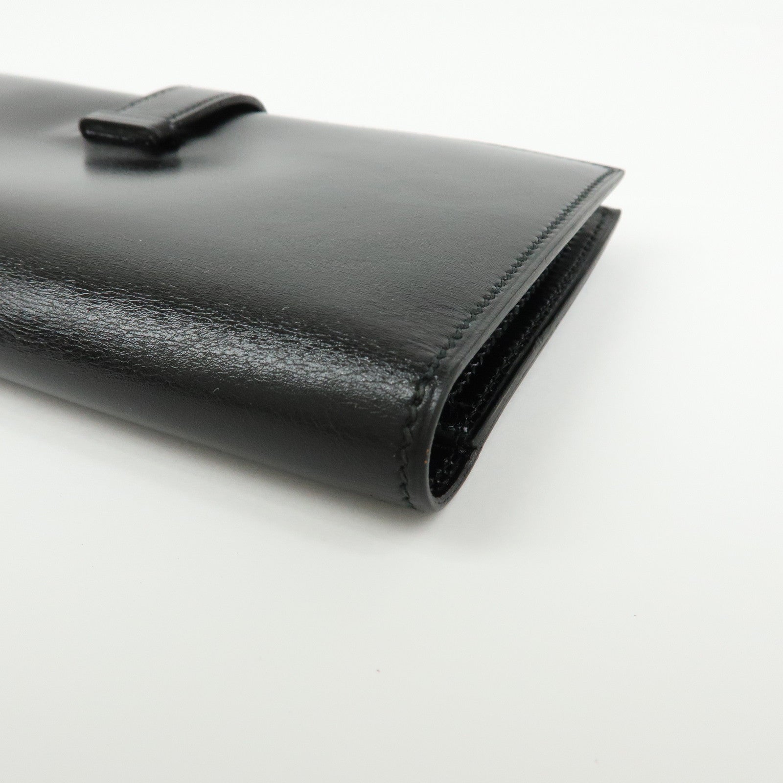 HERMES Bearn Box Calf Bi-fold Long Wallet 〇QStamped Black Gold