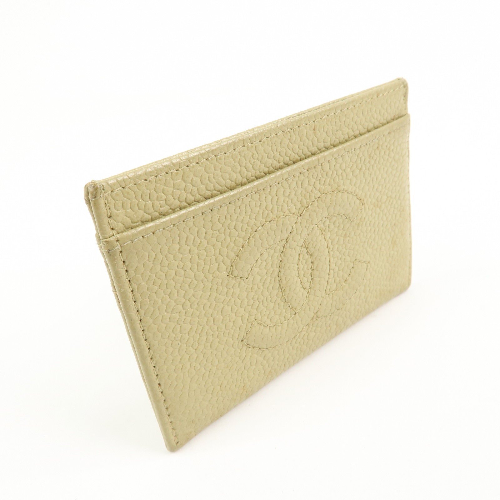 CHANEL COCO Mark Caviarskin Leather Card Case Card Holder Beige