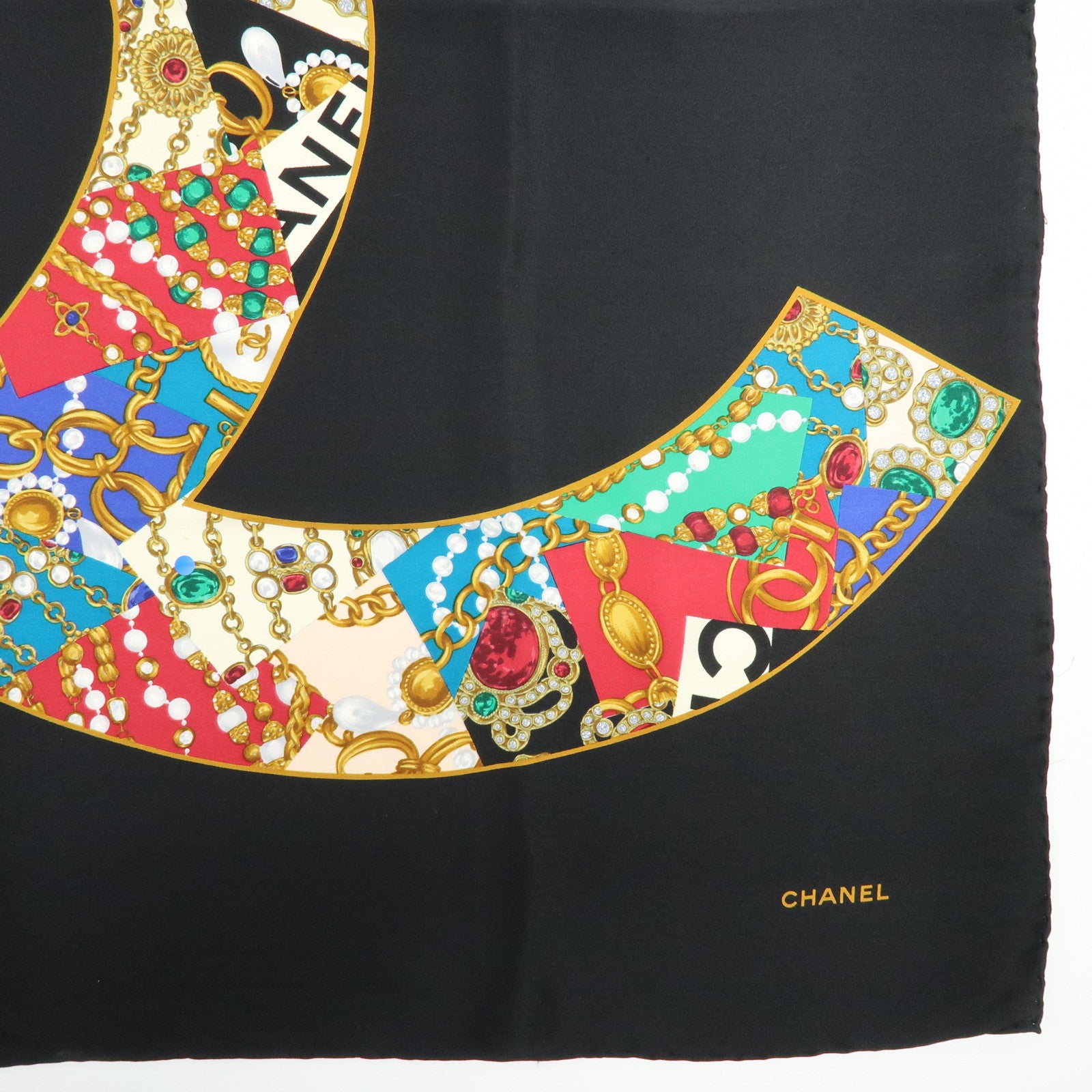 CHANEL COCO Mark Silk 100% Scarf Black Multicolor