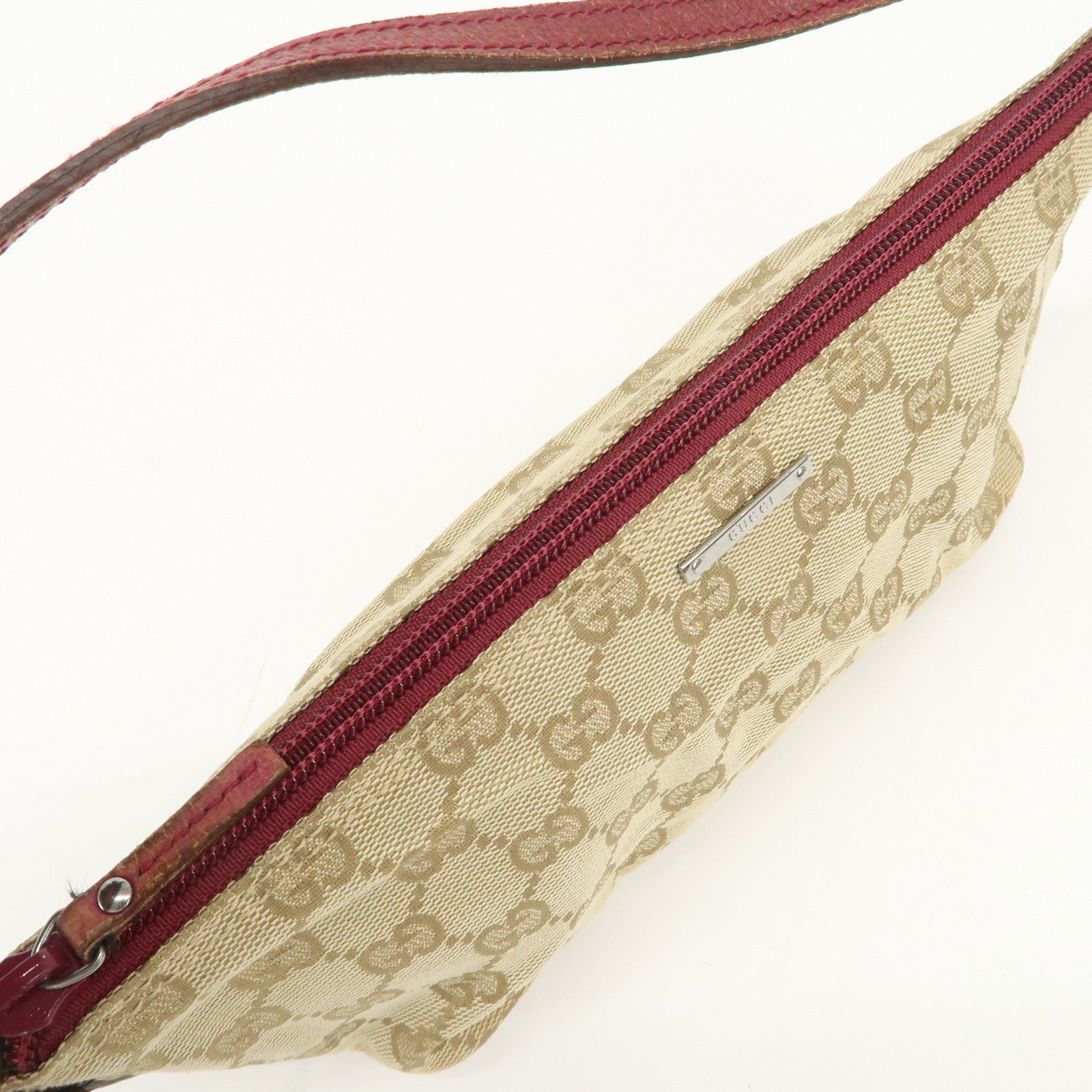 GUCCI Boat Bag GG Canvas Leather Hand Bag Pouch Beige Red 07198