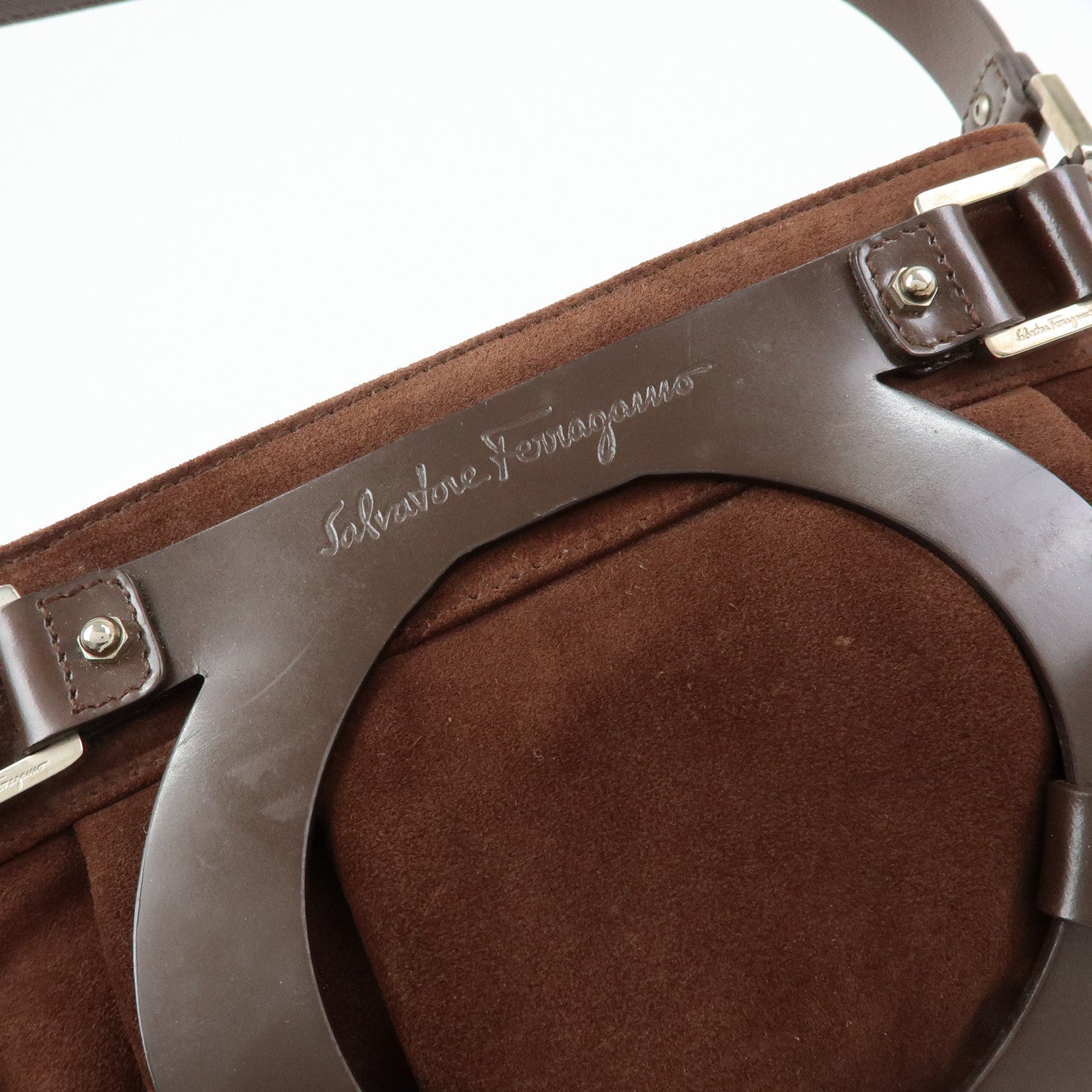 Ferragamo Gancini Suede Leather Hand Bag Shoulder Bag Dark Brown