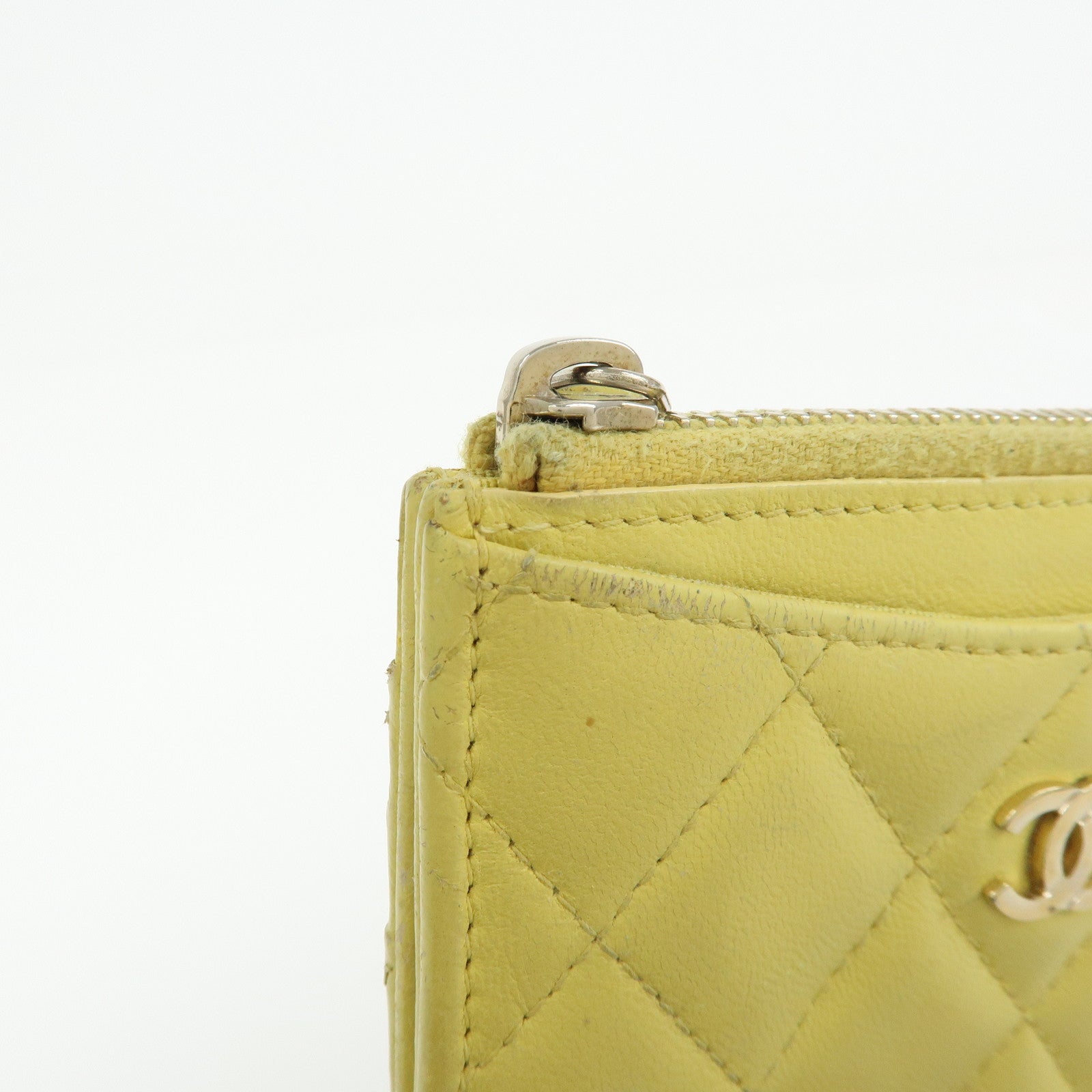 CHANEL Matelasse COCO Mark Lamb Skin Card Case Card Holder Yellow