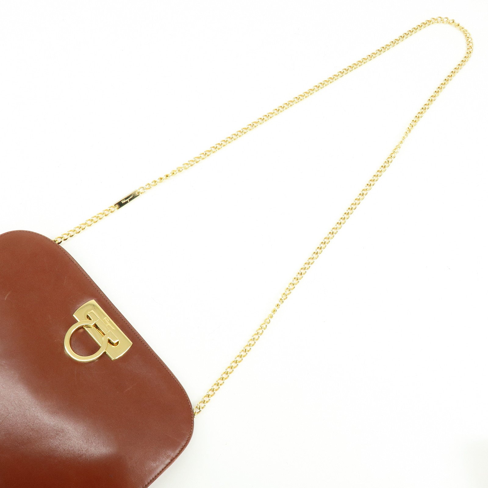 Ferragamo Gancini Calf Skin Leather Chain Shoulder Bag Brown