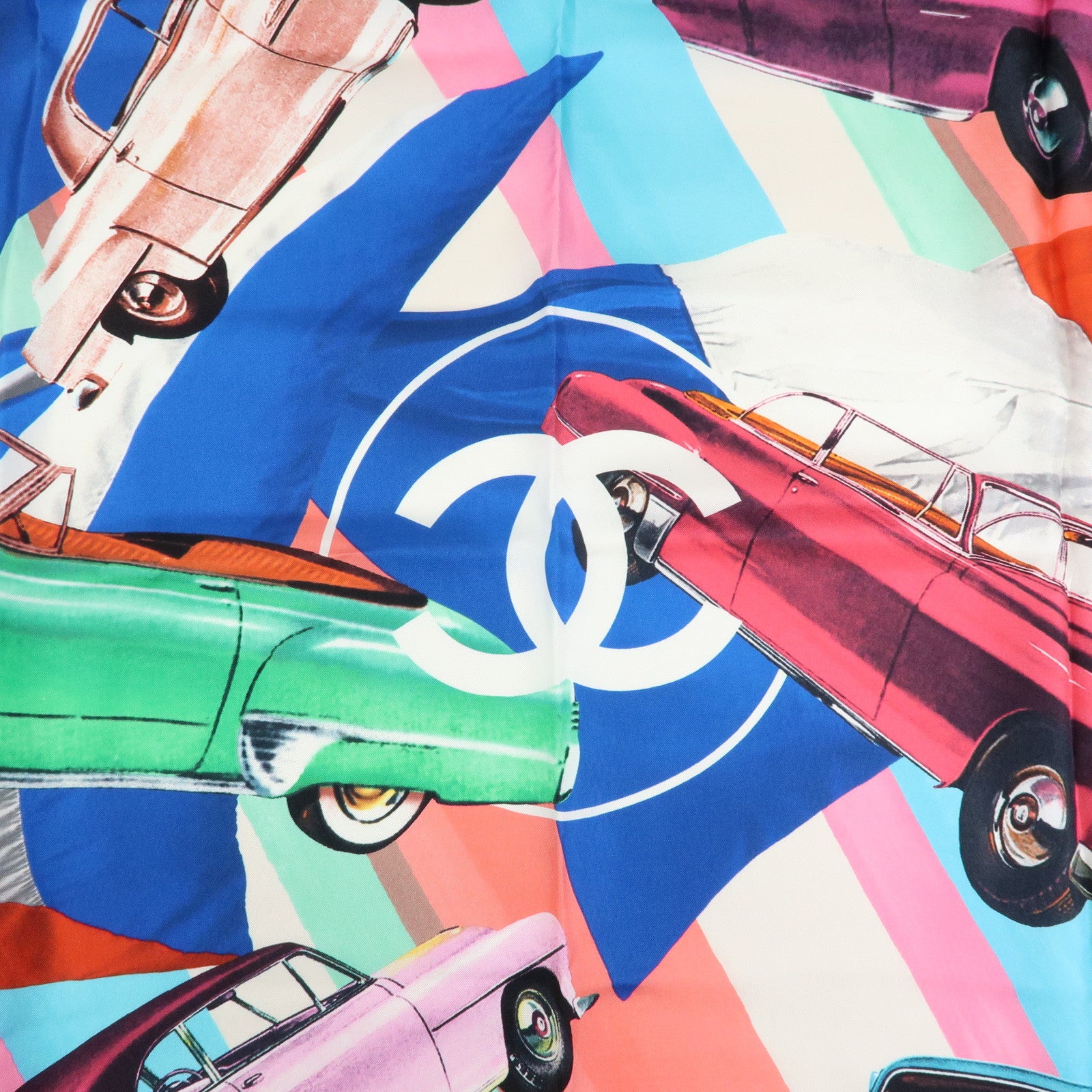 CHANEL Silk 100% Scarf Classic Car Print Blue Pink