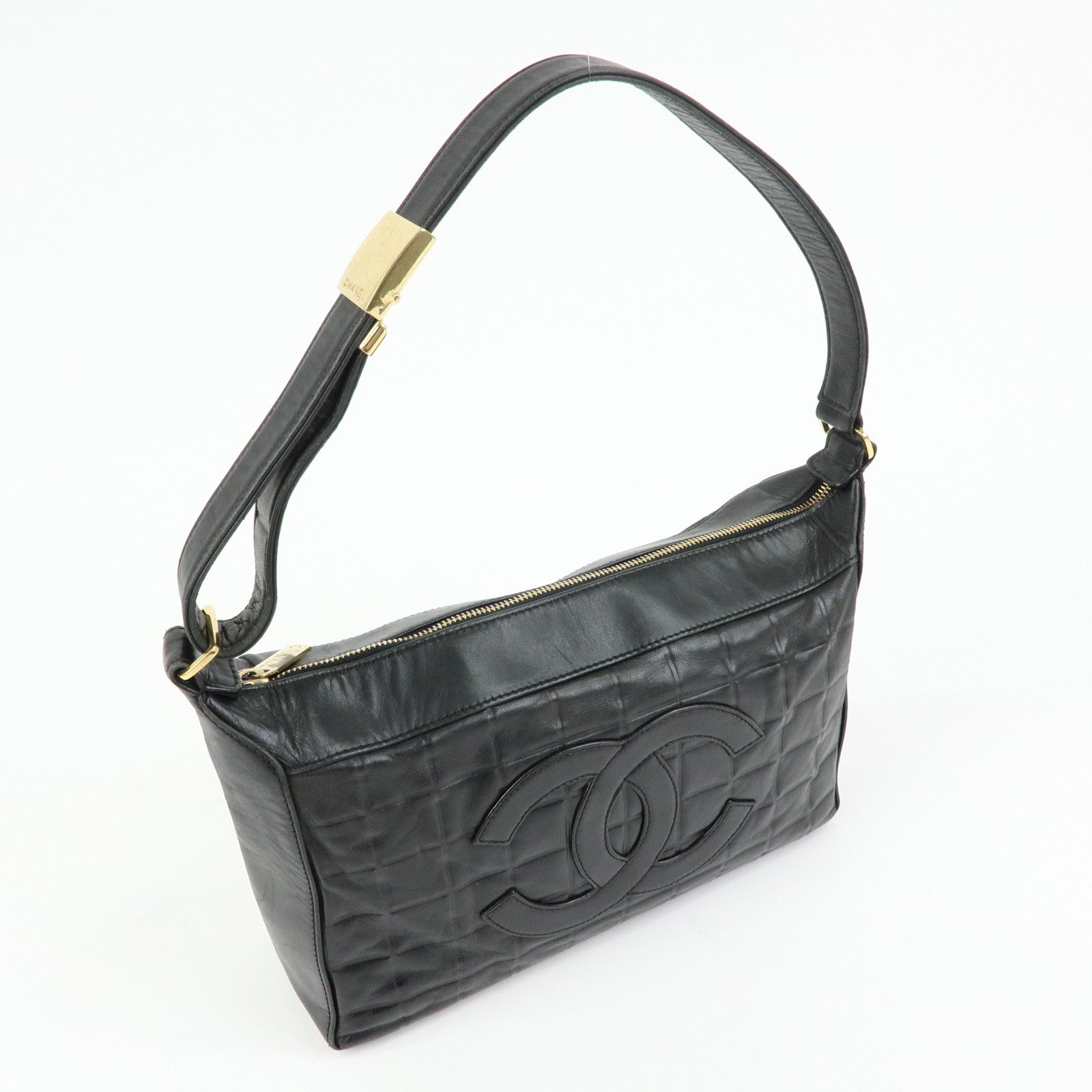 CHANEL Chocolate Bar COCO Mark Lamb Skin Hand Shoulder Bag Black