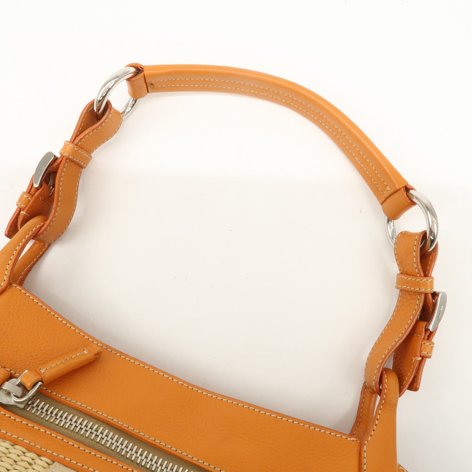PRADA Triangle Logo Raffia Leather Shoulder Bag Beige Orange
