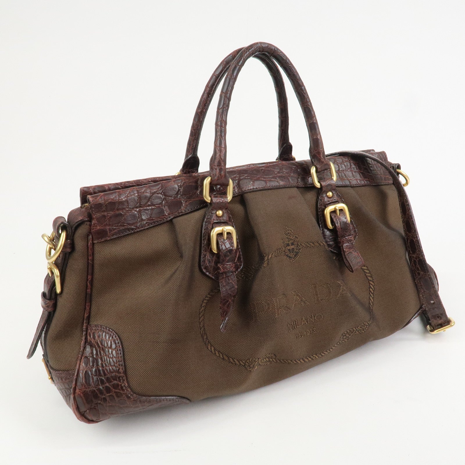 PRADA Logo Canvas Embossed Leather 2Way Shoulder Bag Hand Bag Brown