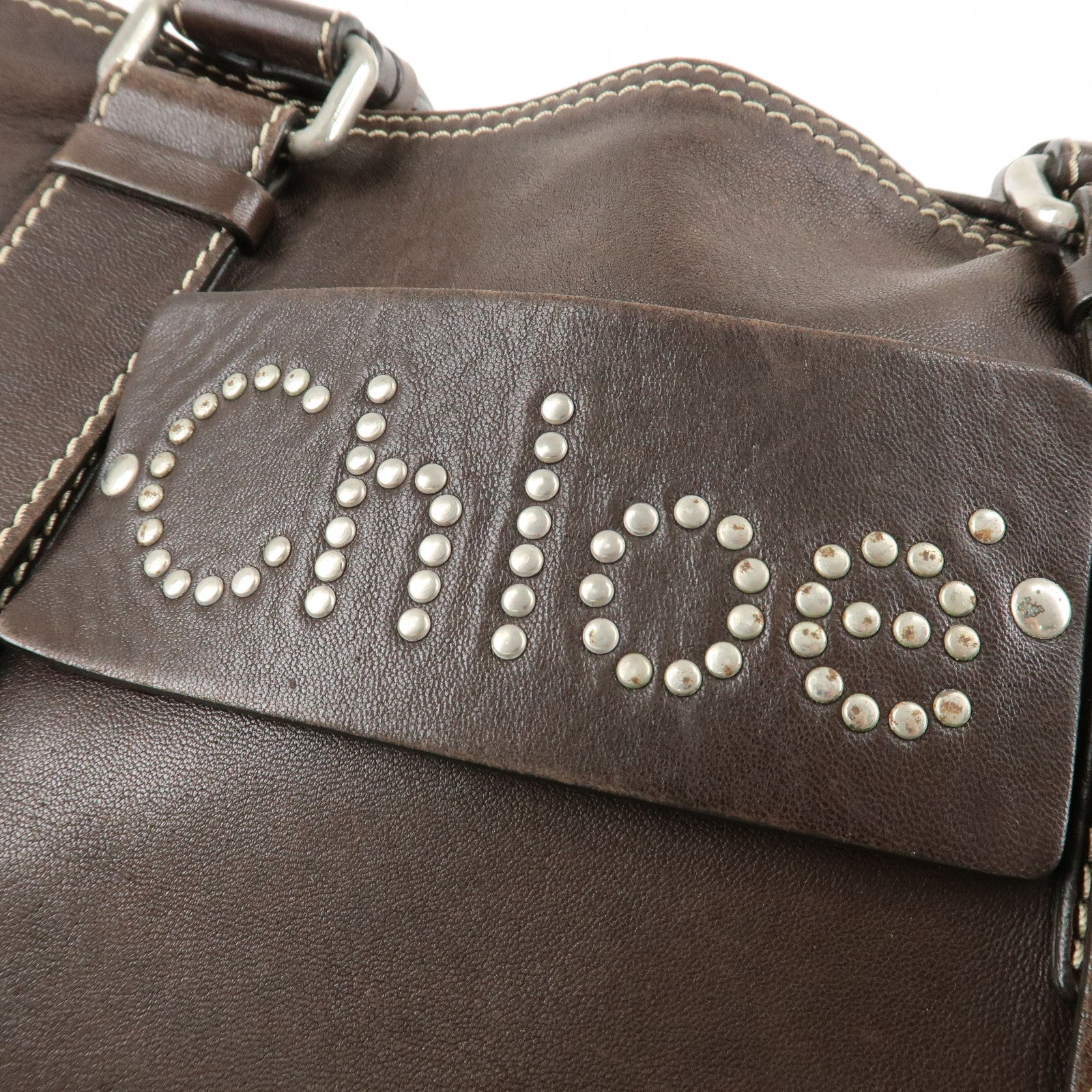 Chloe Patsy Studs Logo Leather Tote Bag Shoulder Bag Brown Used