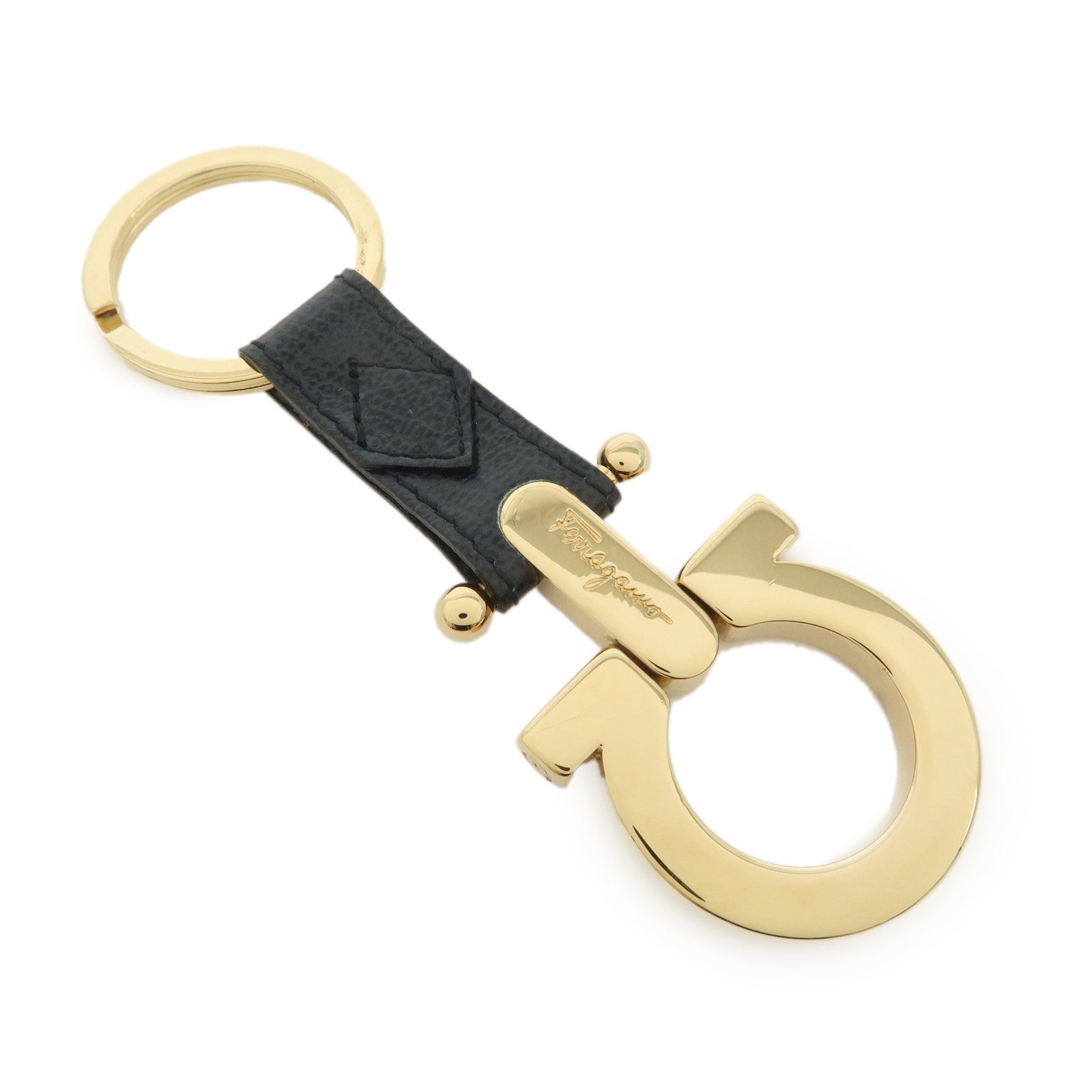 Ferragamo Gancini Leather Metal Bag Charm Key Charm Key Chain Black
