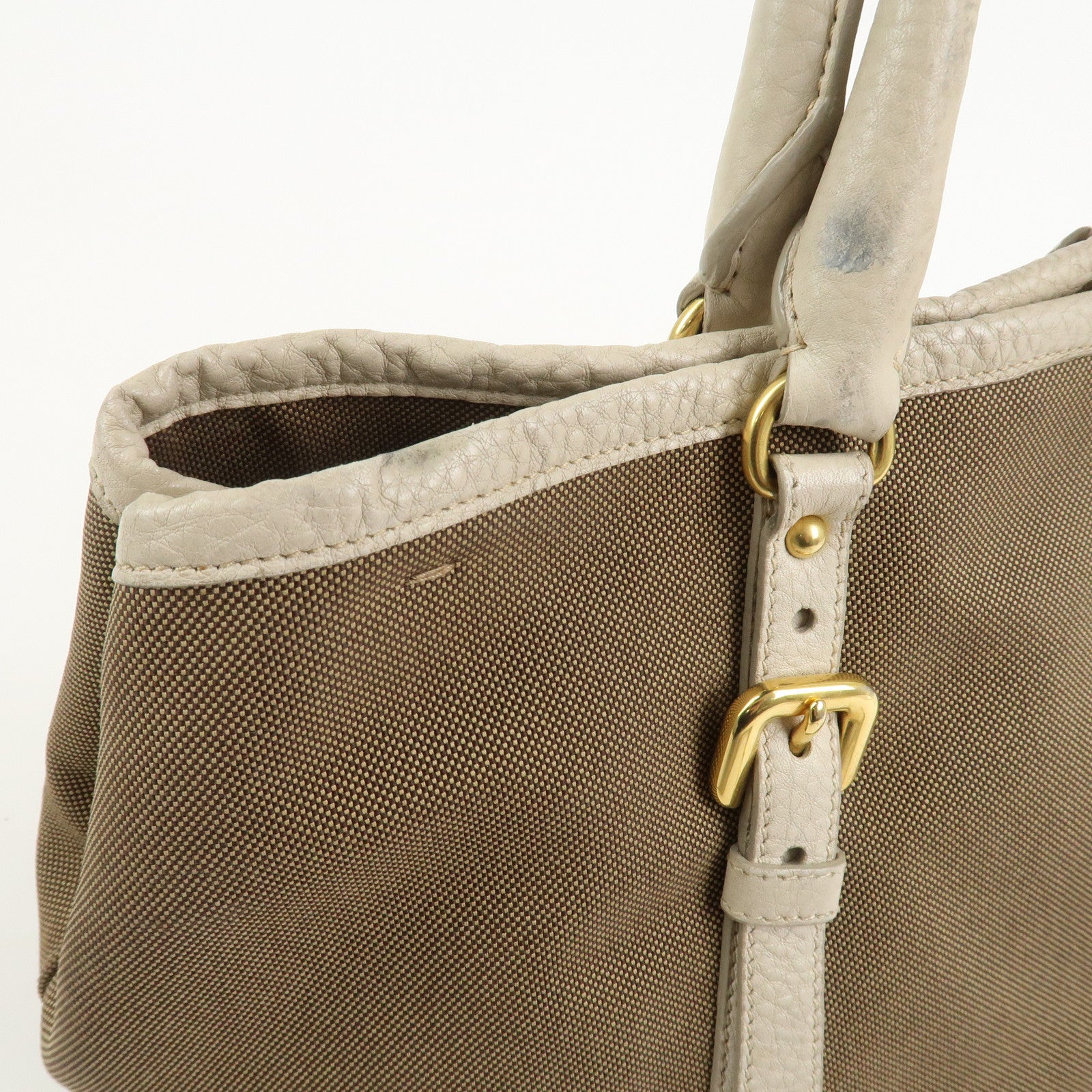 PRADA Logo Jacguard Leather 2Way Tote Bag Brown Ivory BN1841