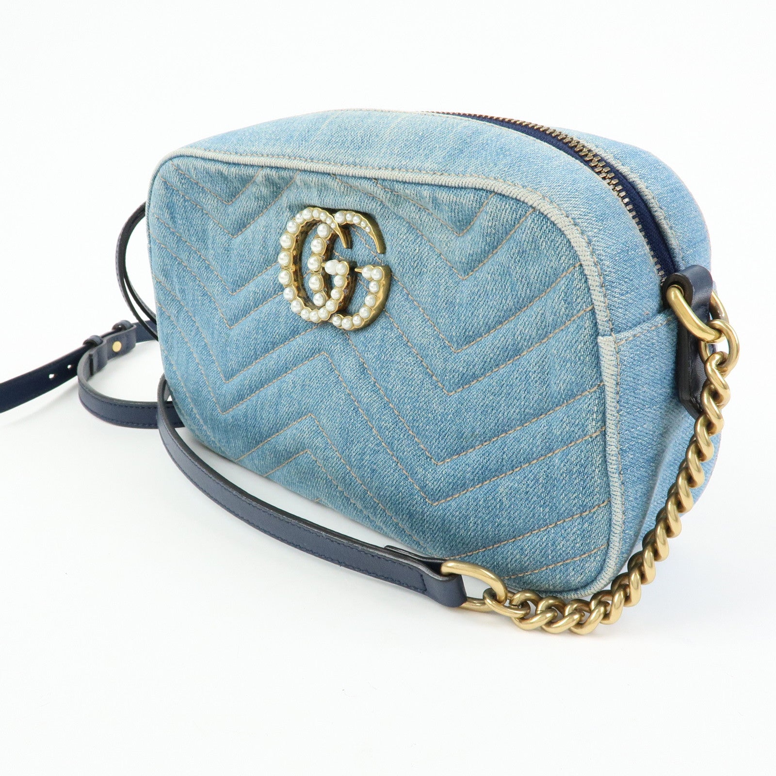 GUCCI GG Marmont Denim Leather Shoulder Bag Indigo Blue 447632