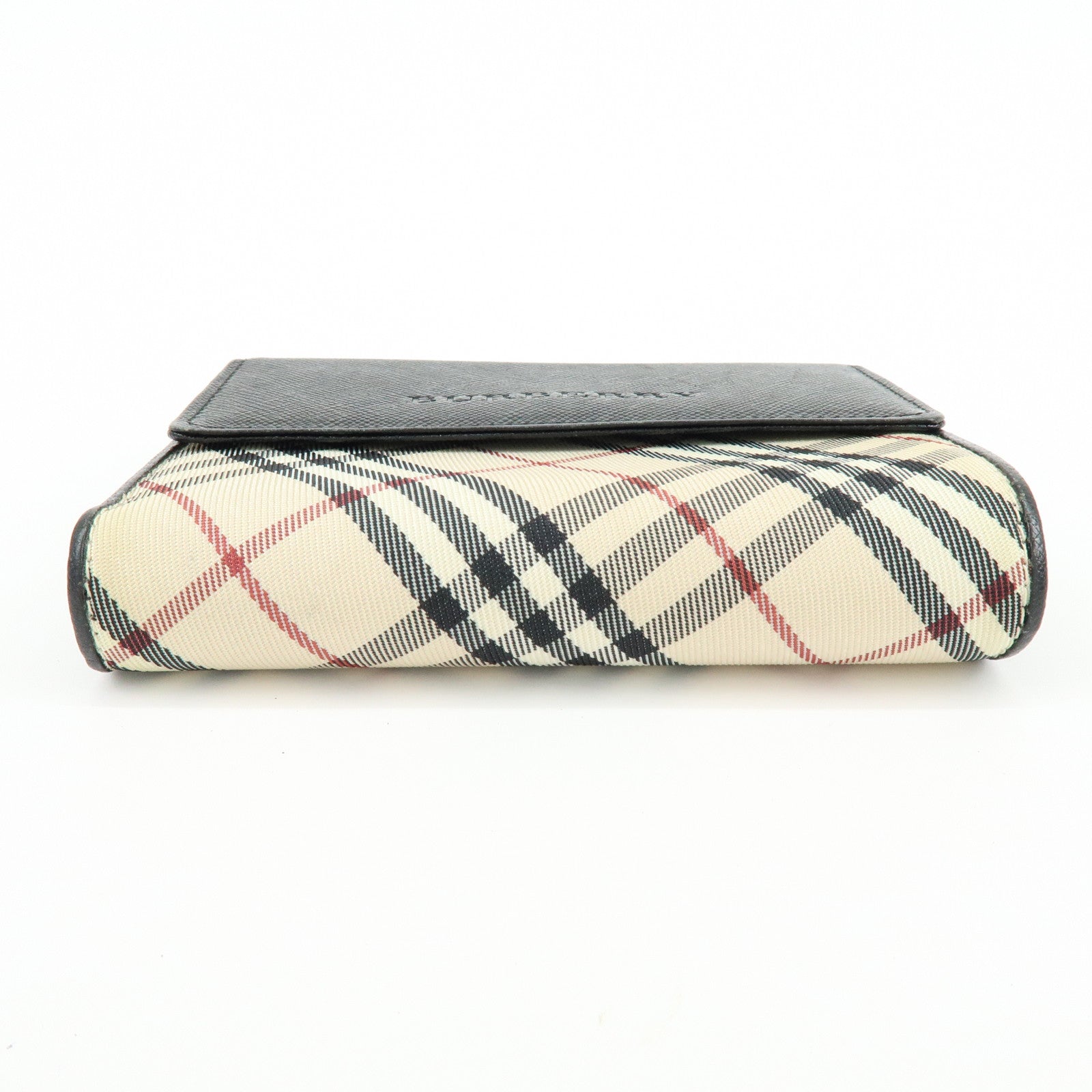 BURBERRY Nova Plaid Canvas Leather Compact Wallet Black Beige
