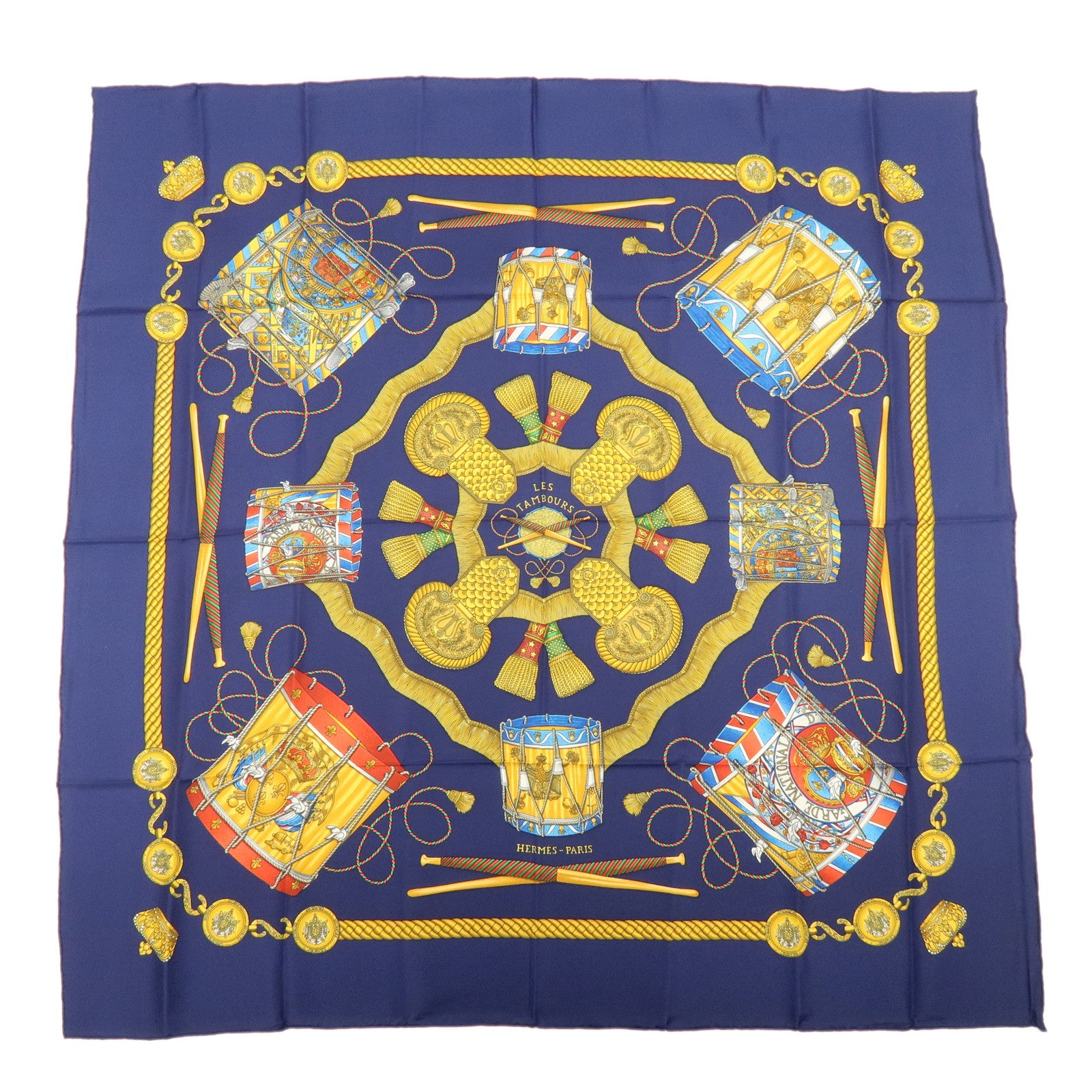HERMES Carre 90 Silk 100% Scarf  LES TAMBOURS Navy Gold
