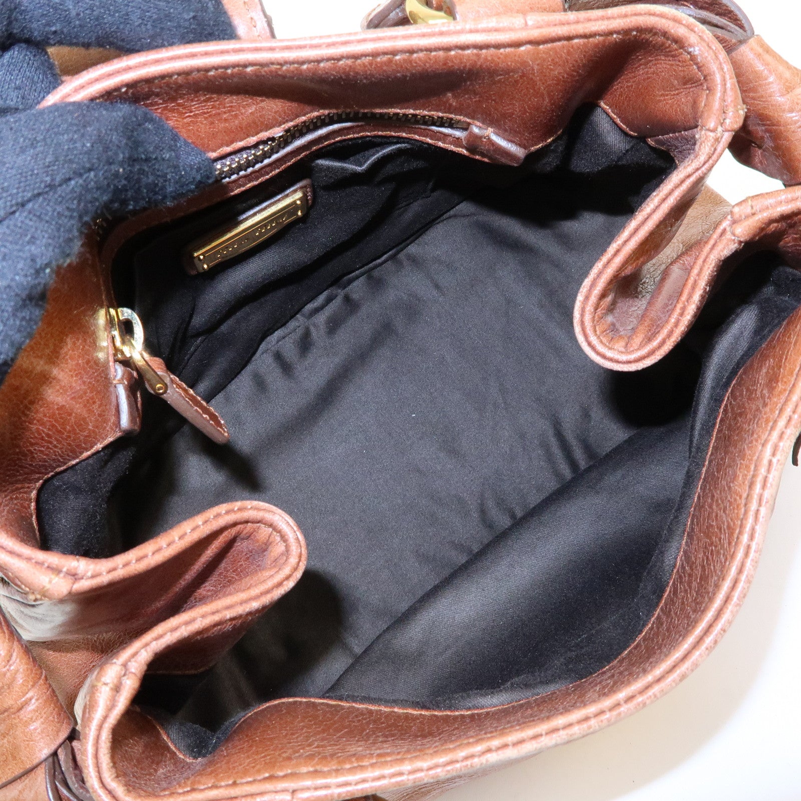 MIU MIU Leather 2Way Bag Hand Bag Shoulder Bag Side Ribbon Brown