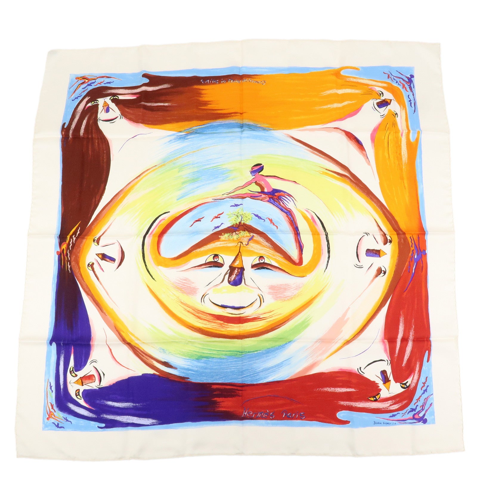 HERMES Carre 90 Silk 100% Scarf Smiles in Third millenary White