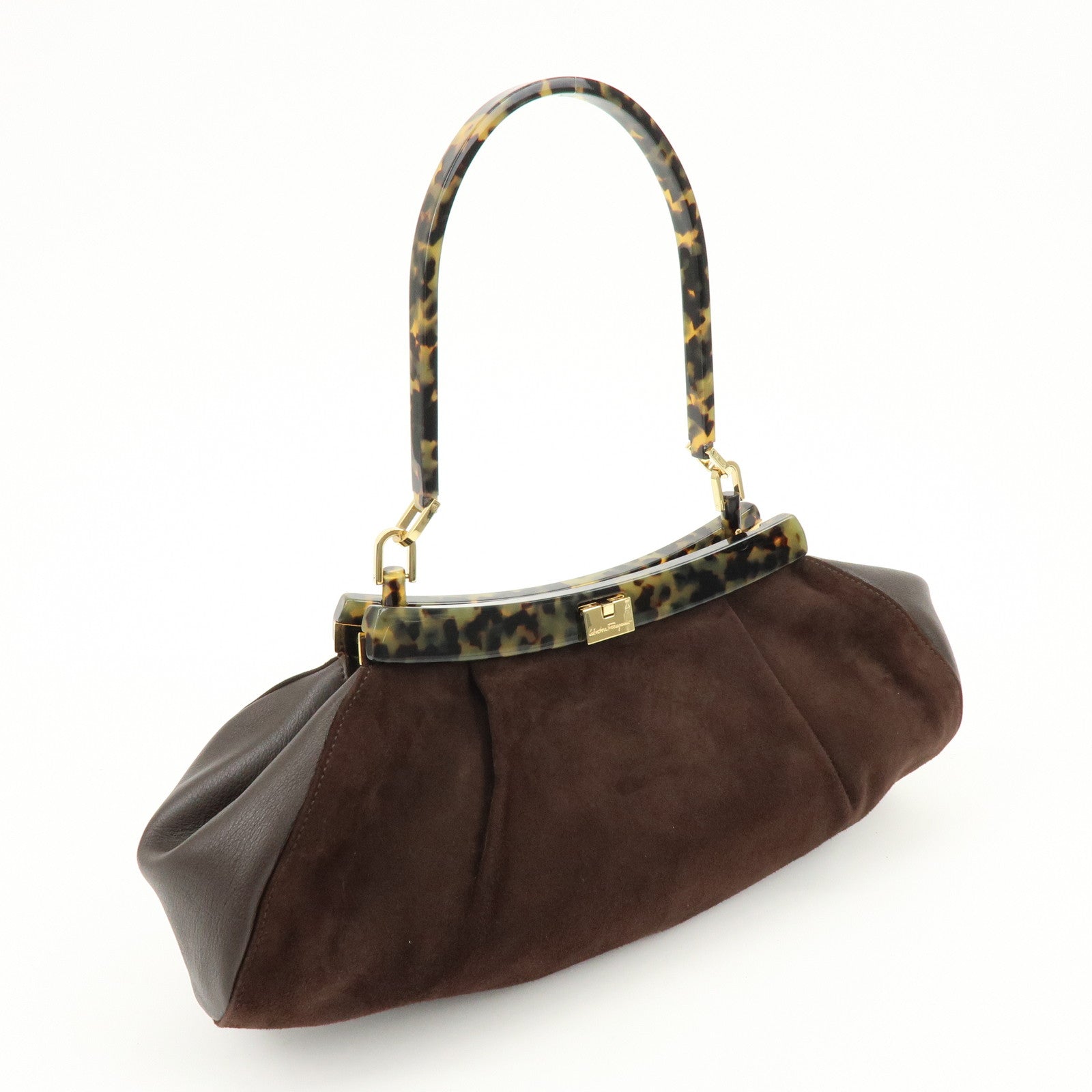Ferragamo Suede Leather Plastic Shoulder Bag Hand Bag Brown