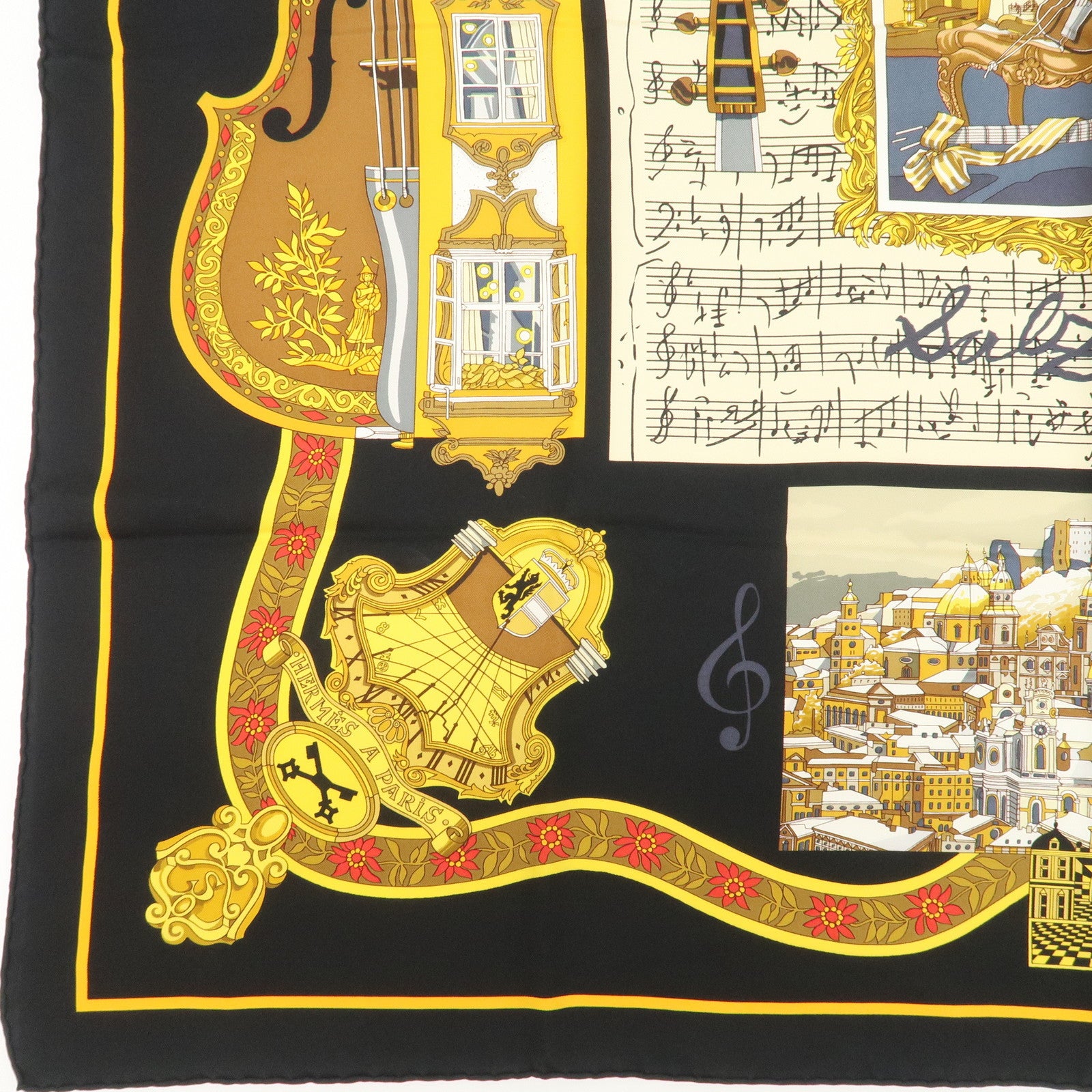 HERMES Carre 90 Silk 100% IN SALZBURG Scarf Black Gold
