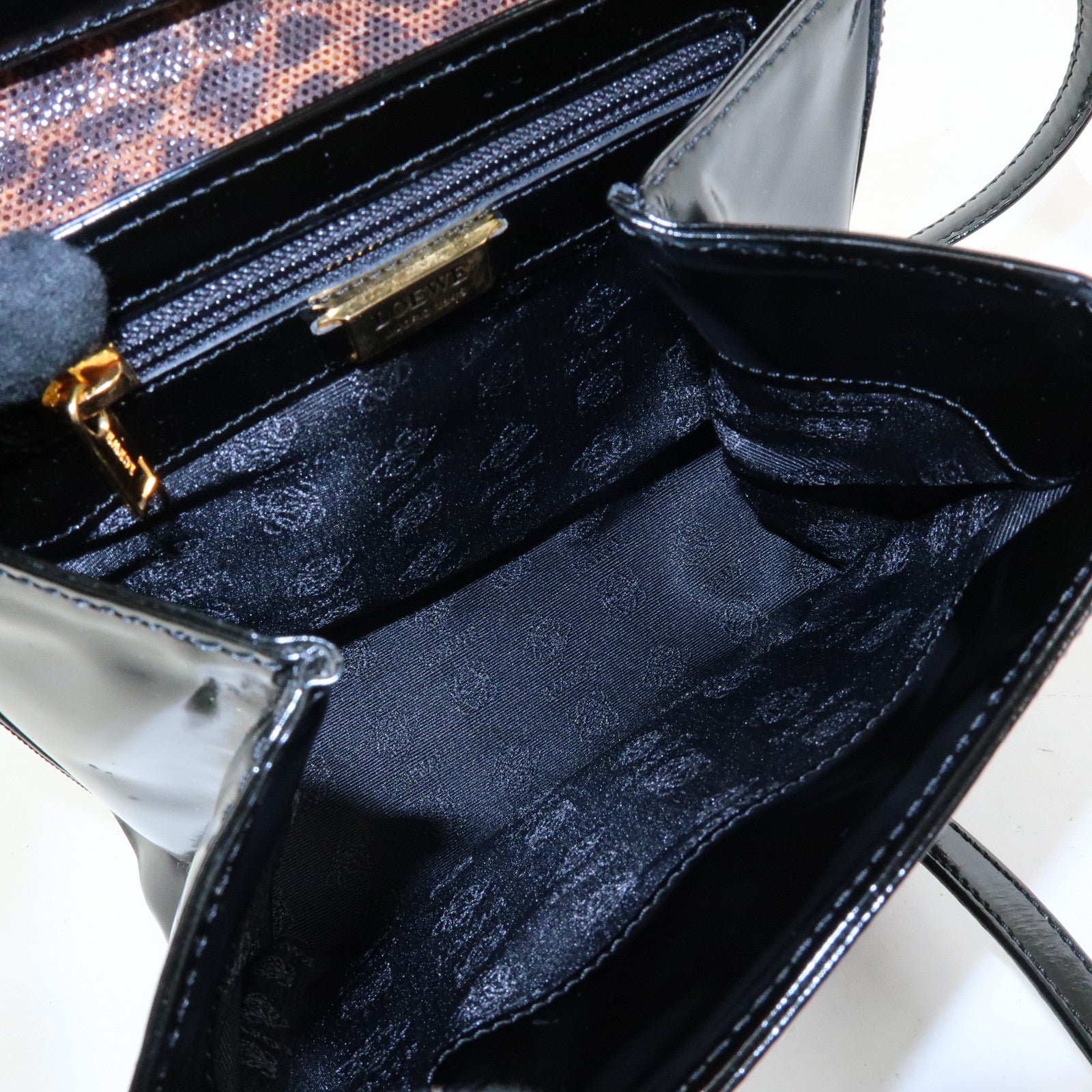 LOEWE Velazquez Patent Leather 2Way Hand Shoulder Bag Leopard Black