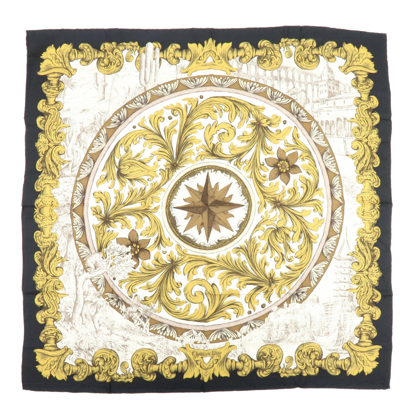 Christian Dior SQUARE Silk 100% Scarf Ivory Gold Black