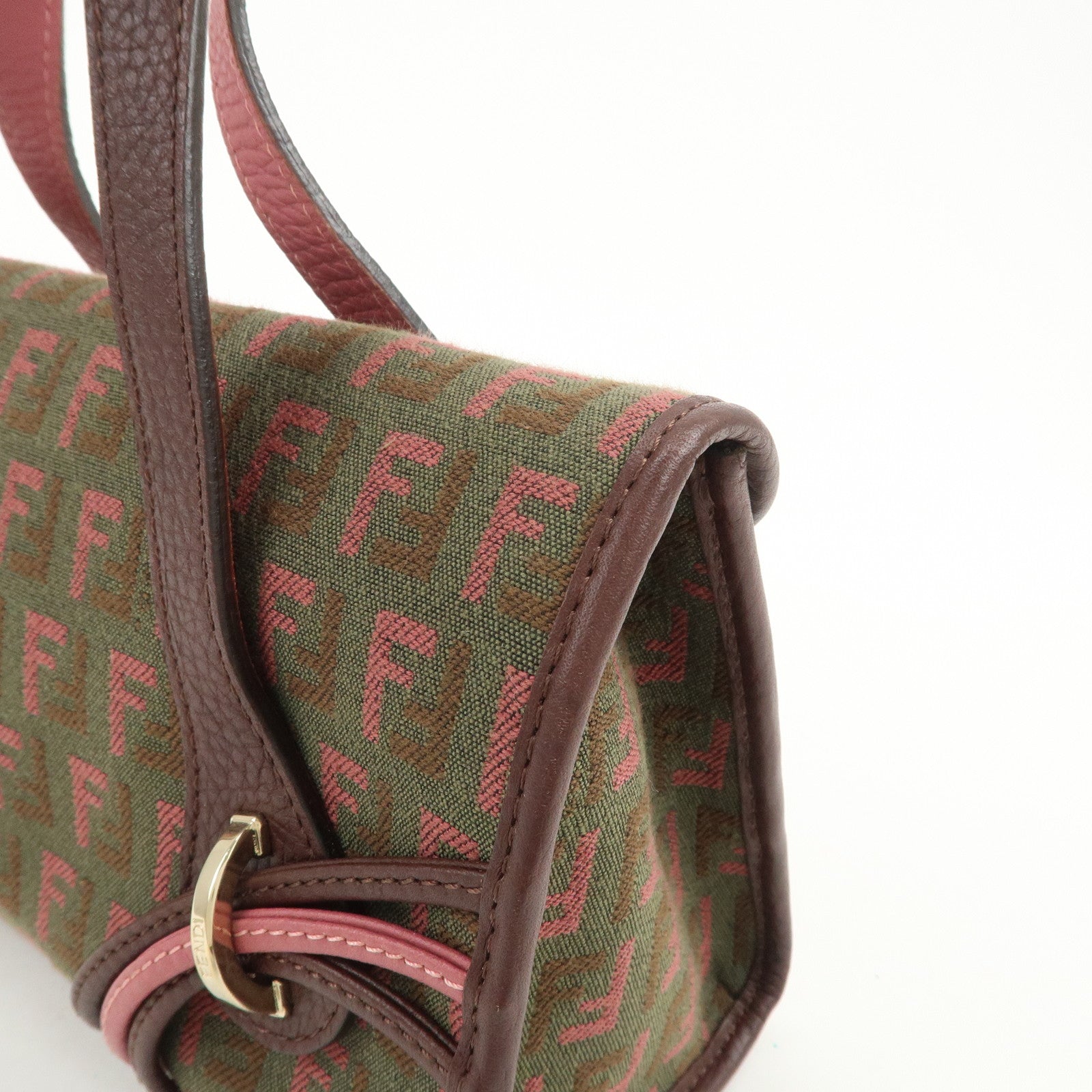 FENDI Zucchino Logo Canvas Leather Hand Bag Brown Pink 8BN147