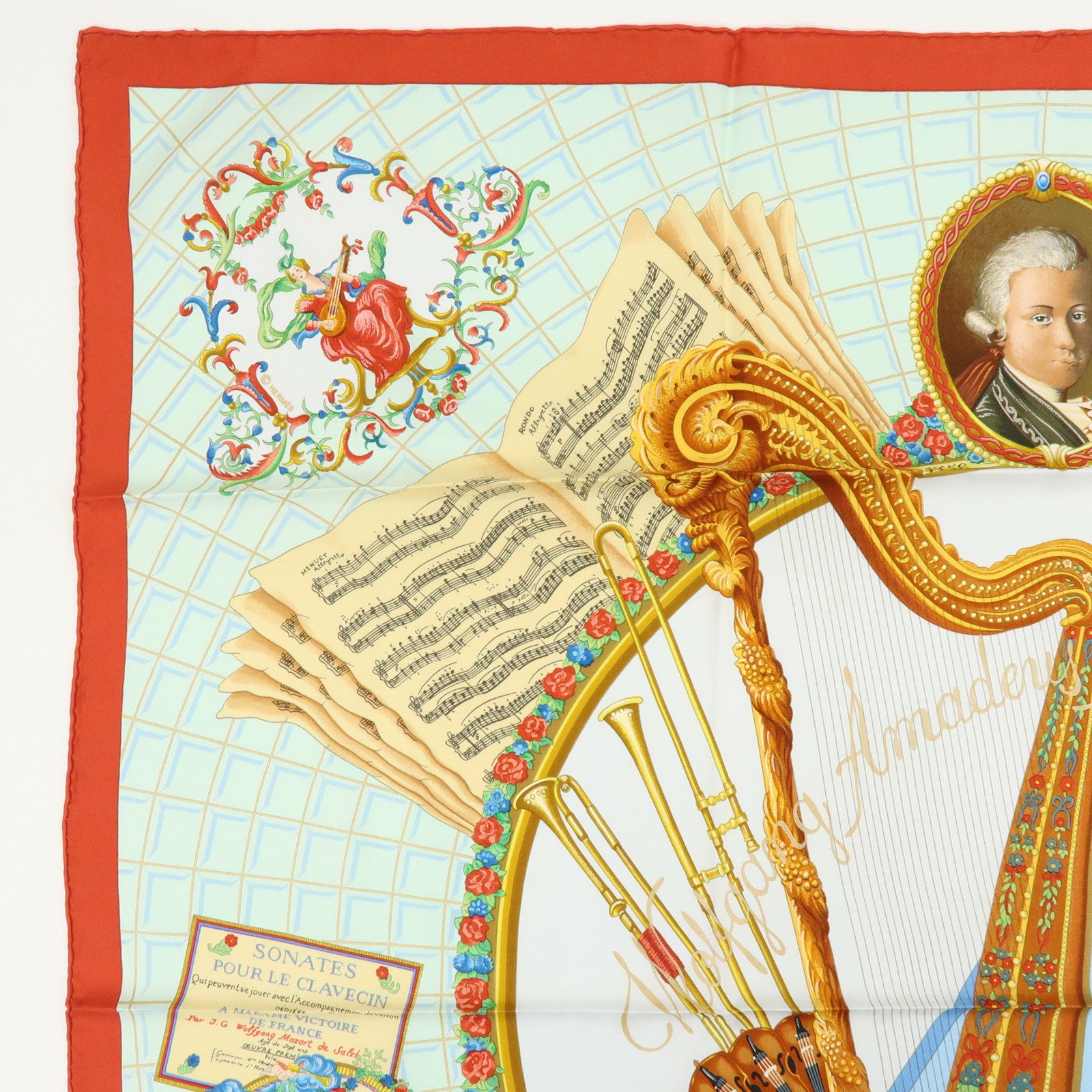 HERMES Carre 90 Silk 100% Scarf Wolfgang Amadeus Mozart Red Brown