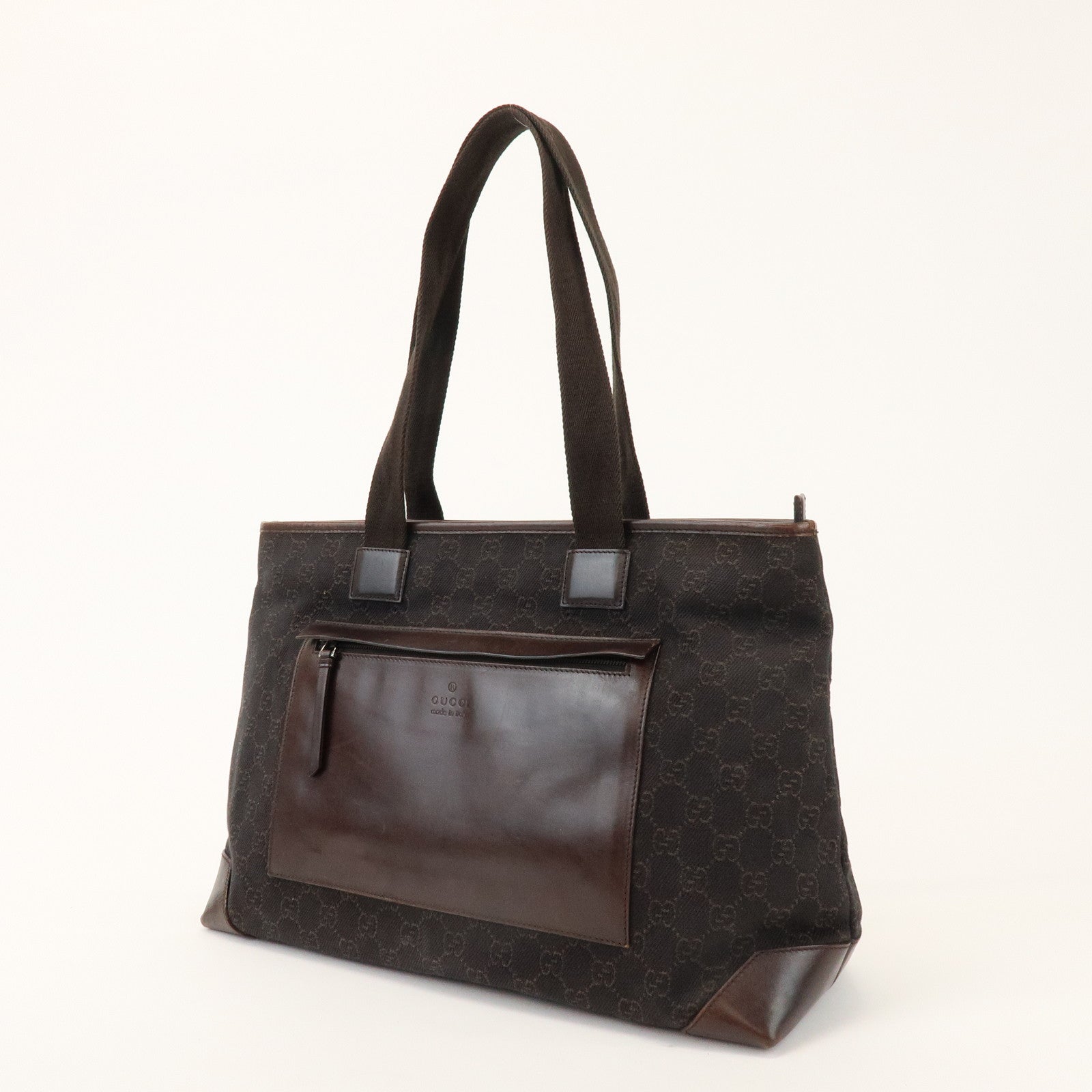 GUCCI GG Canvas Leather Tote Bag Shoulder Bag Dark Brown 34339